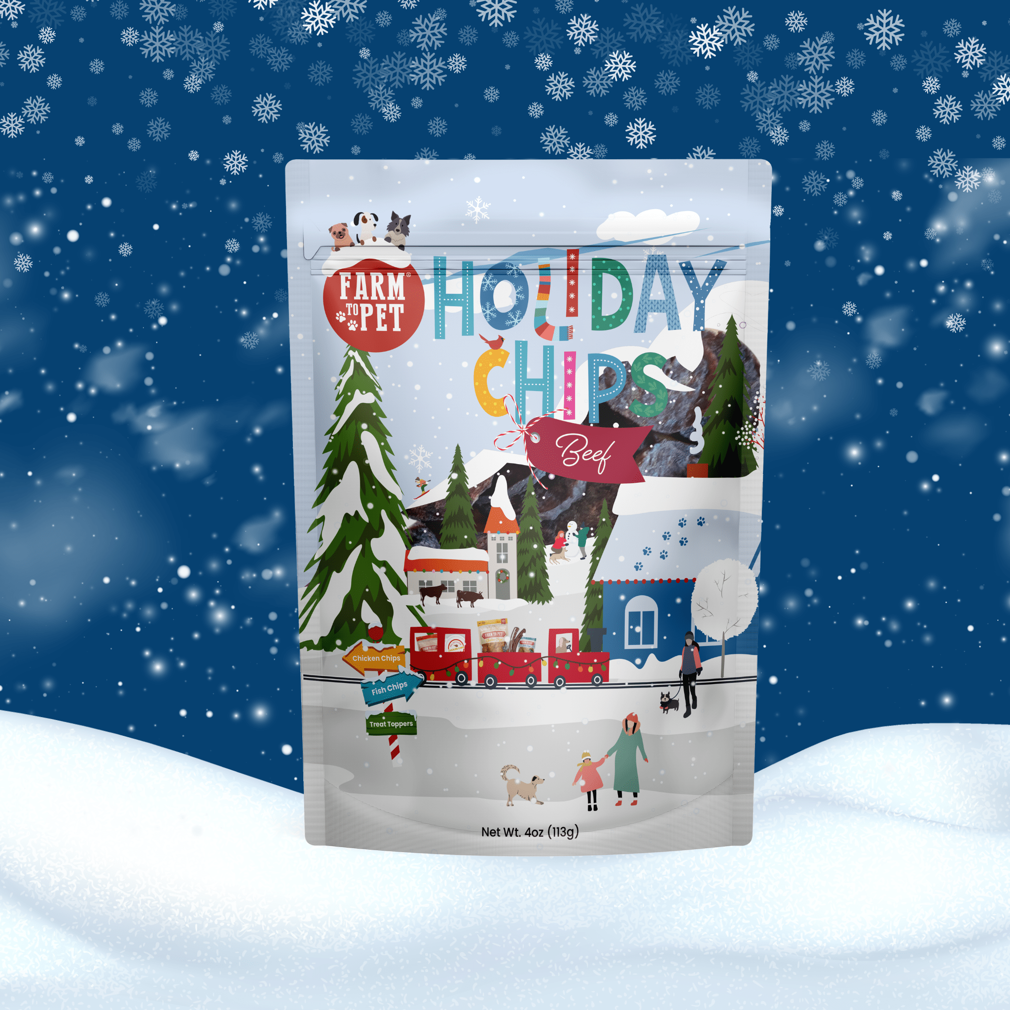 Packaging of 'Farm to Pet Holiday Chips' with a winter scene design on a snowy background.