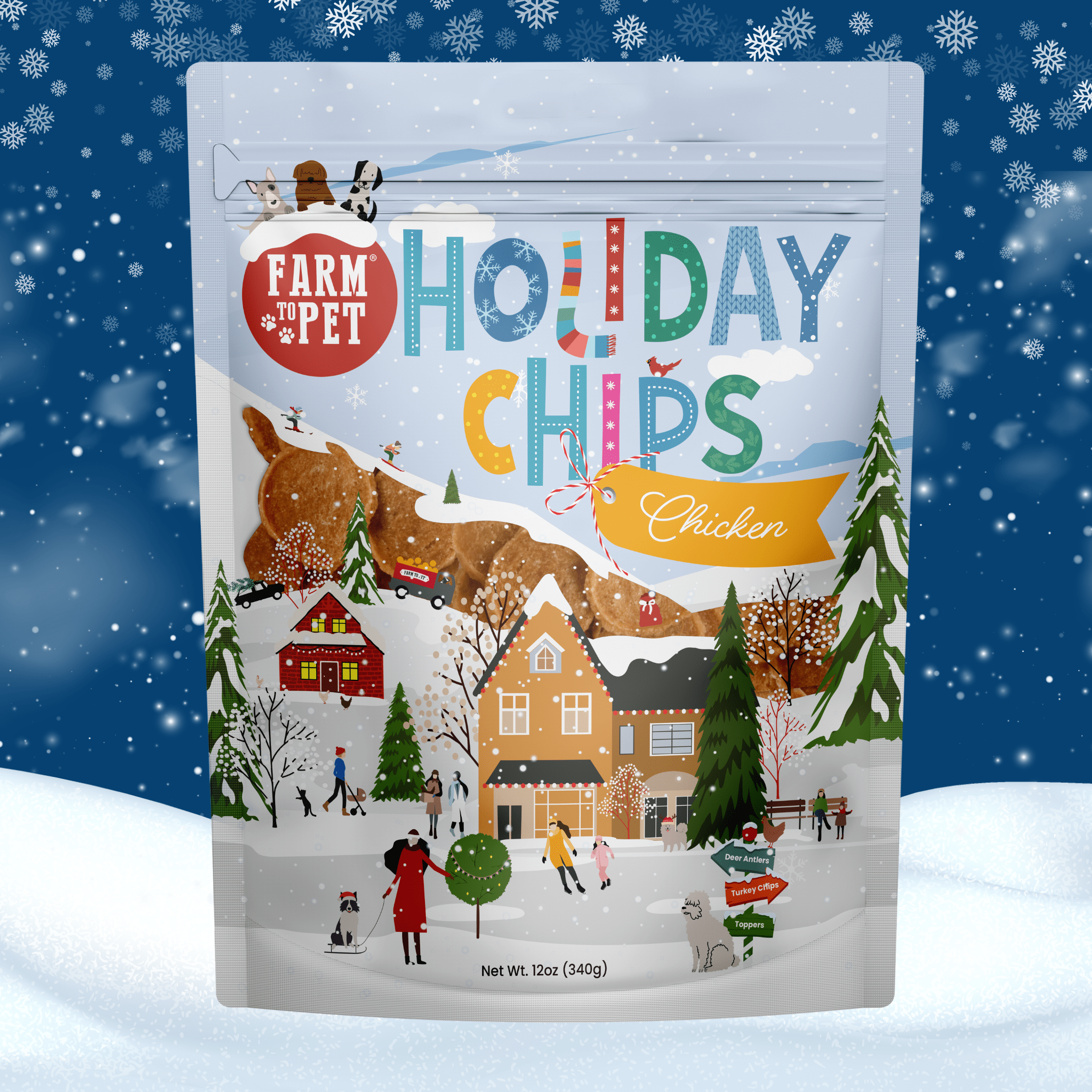 Packaging of 'Farm to Pet Holiday Chips Chicken' with a winter scene illustration on a snowy background.