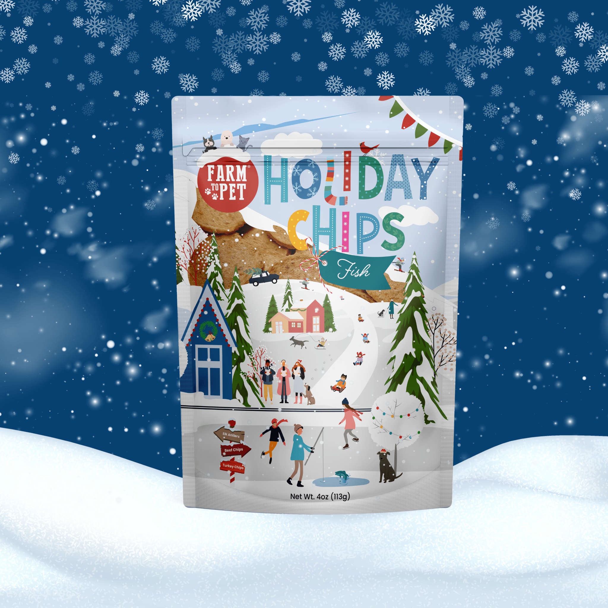 Packaging of 'Holiday Chips' with a winter scene illustration on a snowy background