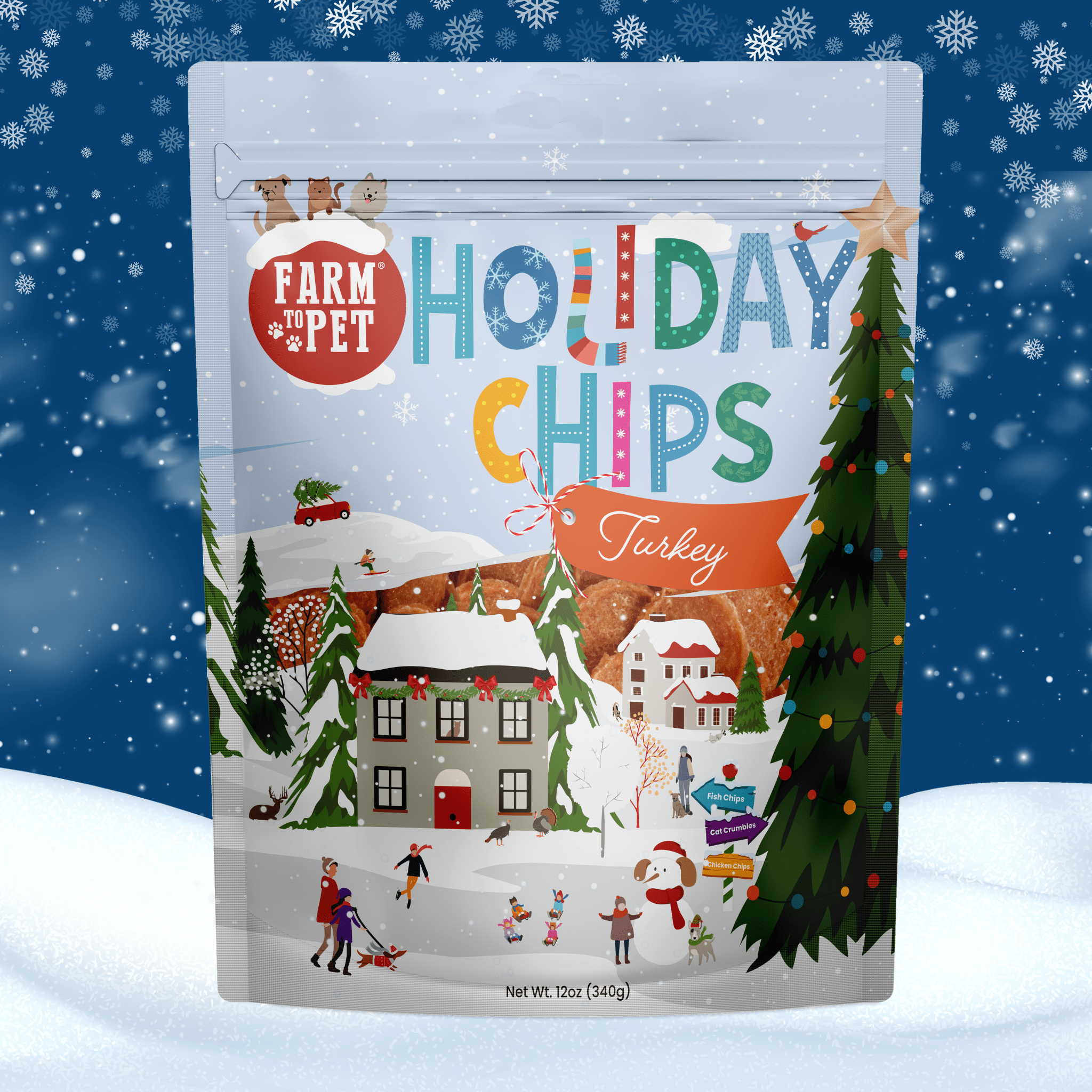 Packaging of 'Farm to Pet Holiday Chips Turkey' with a festive design on a snowy background