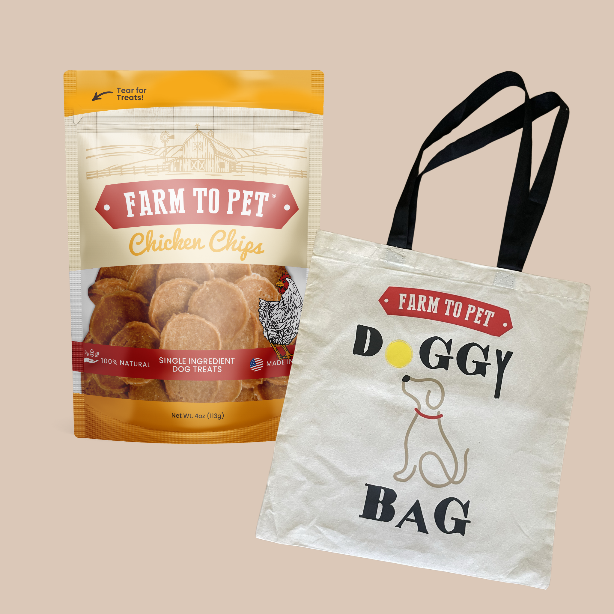Farm to Pet chicken chips packaging and a tote bag on a beige background