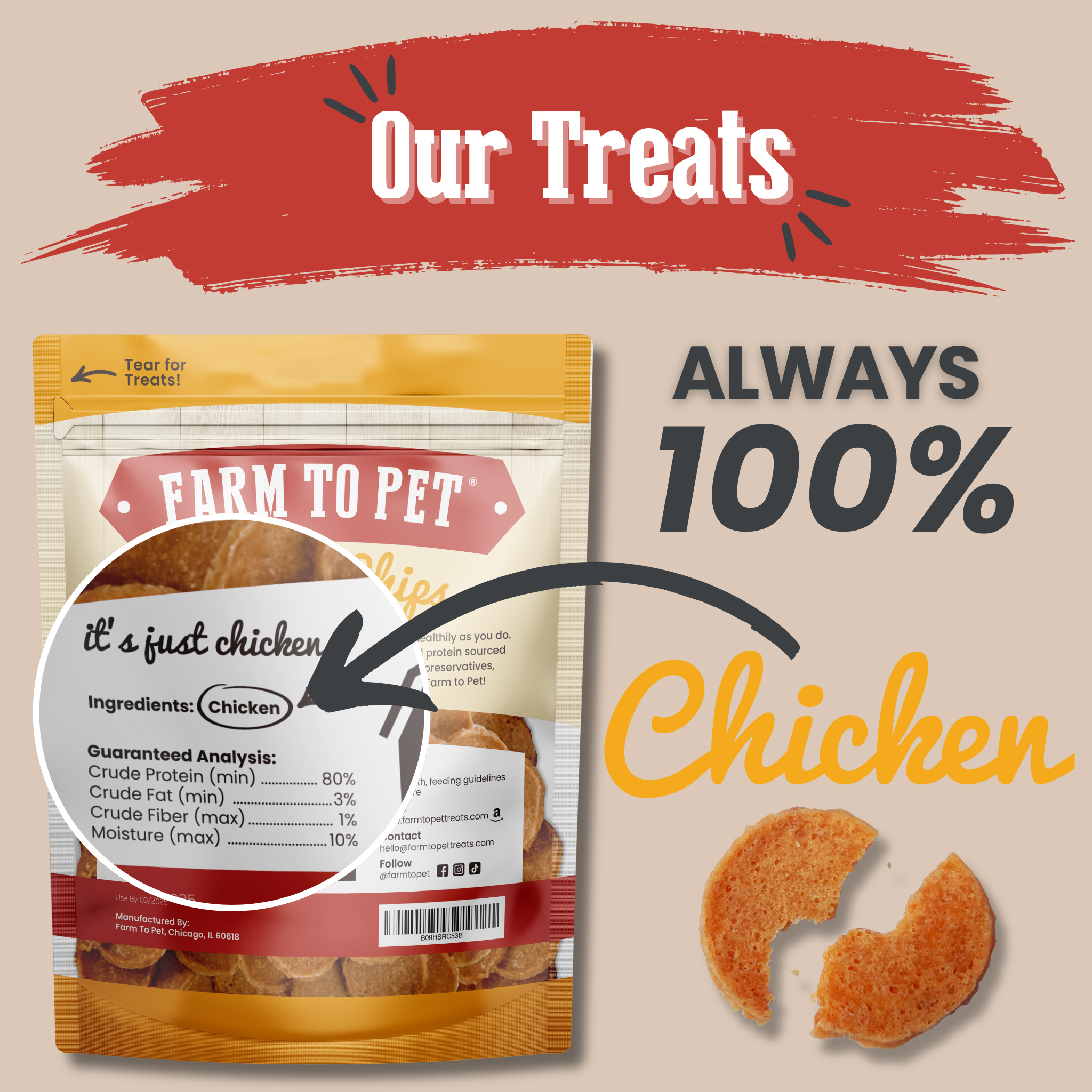Farm to Pet dog treat package with text 'Always 100% Chicken' on a beige background