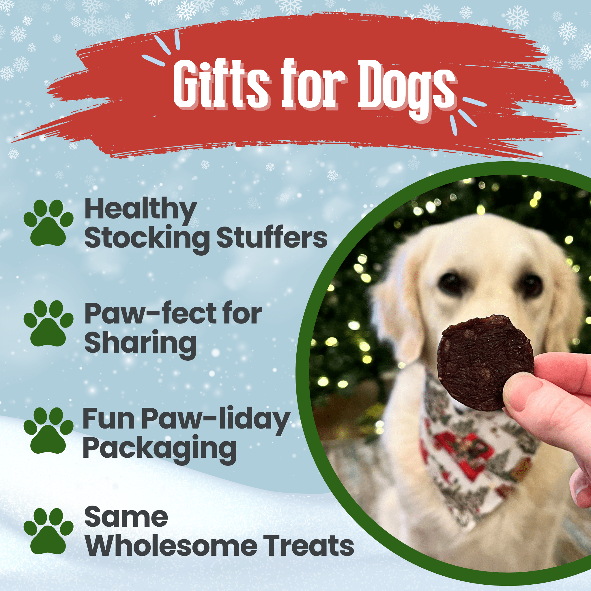 Promotional graphic for dog gifts with a dog holding a Farm to Pet Beef treat and text about healthy stocking stuffers.