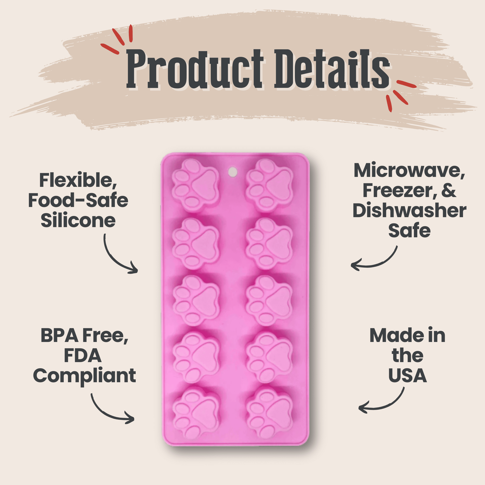Pink silicone mold with paw prints on a beige background with product details text.