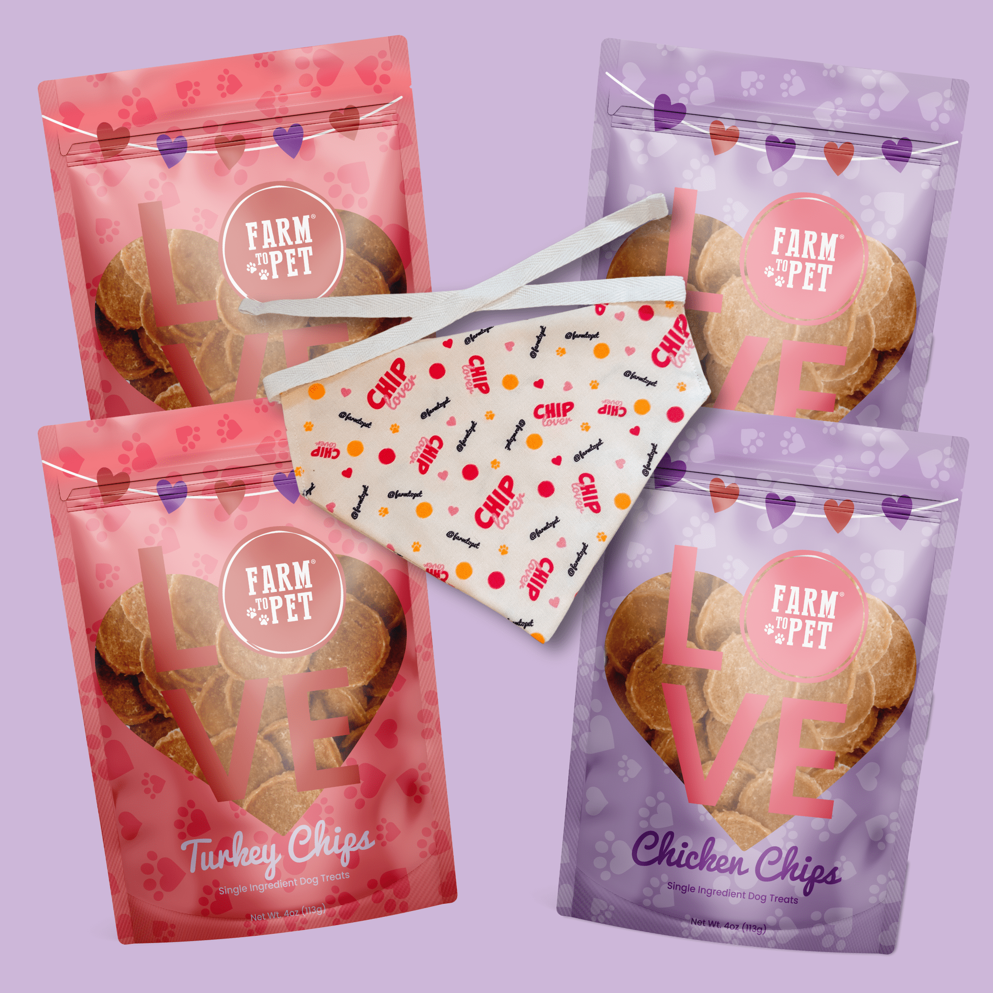 Four packages of 'Farm Love' pet treats on a purple background