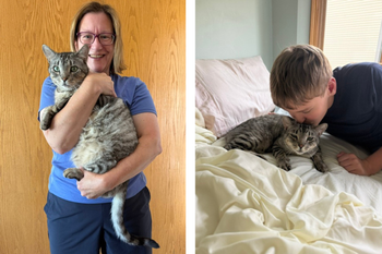 Split image of a woman holding her cat and her son kissing the cat
