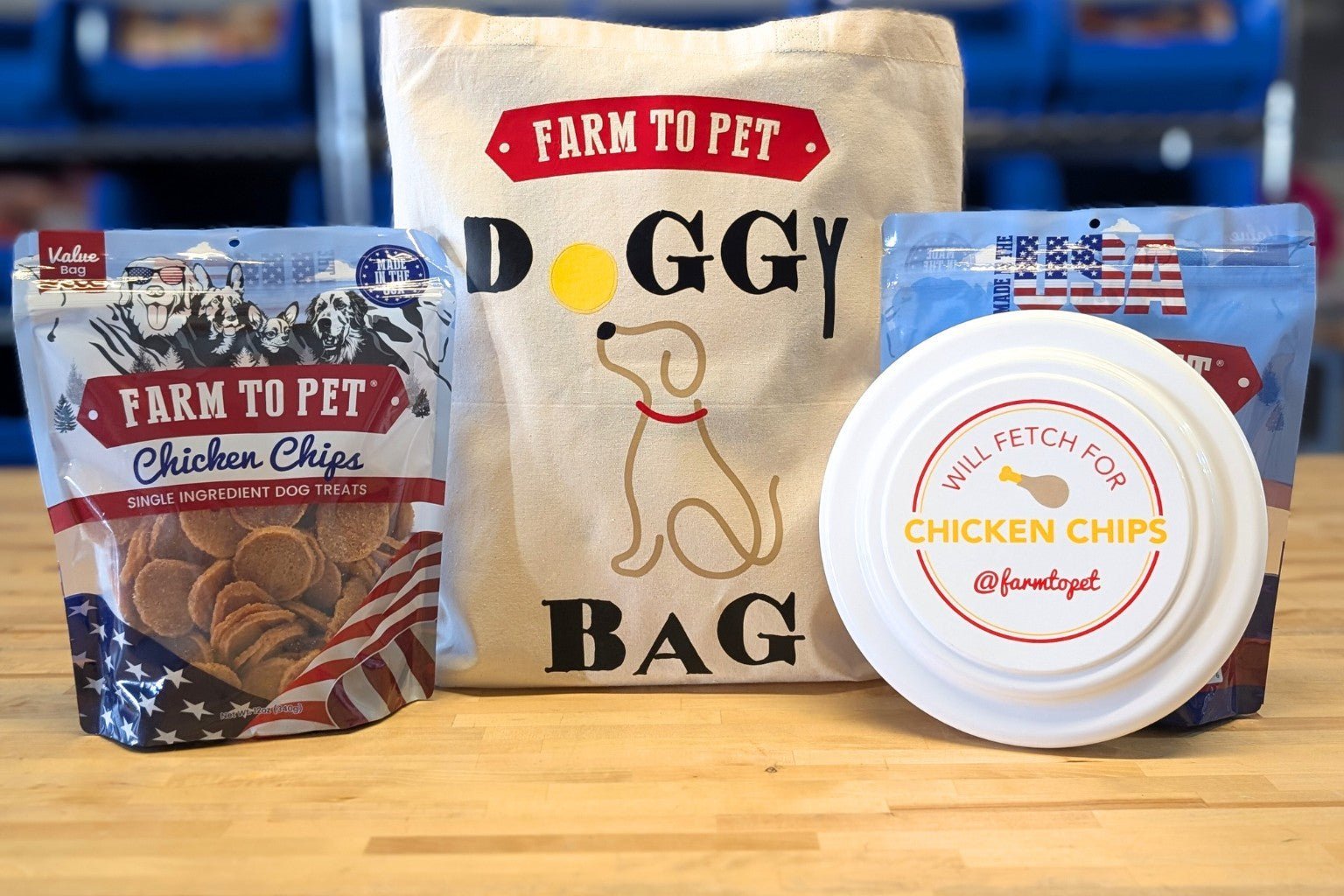 an assortment of Farm to Pet products and pet accessories