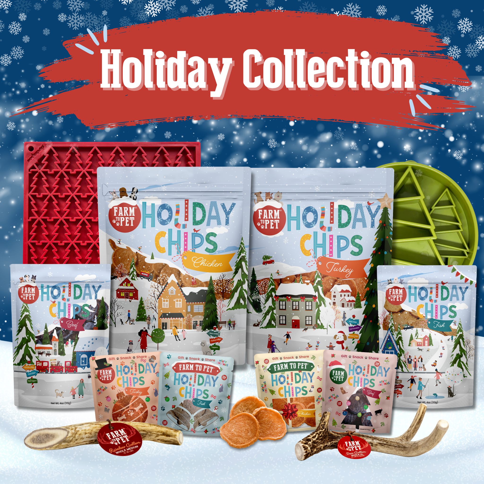 Farm to Pet Holiday Treats Collection featuring beautiful holiday bags, lick mats bowls and antlers.