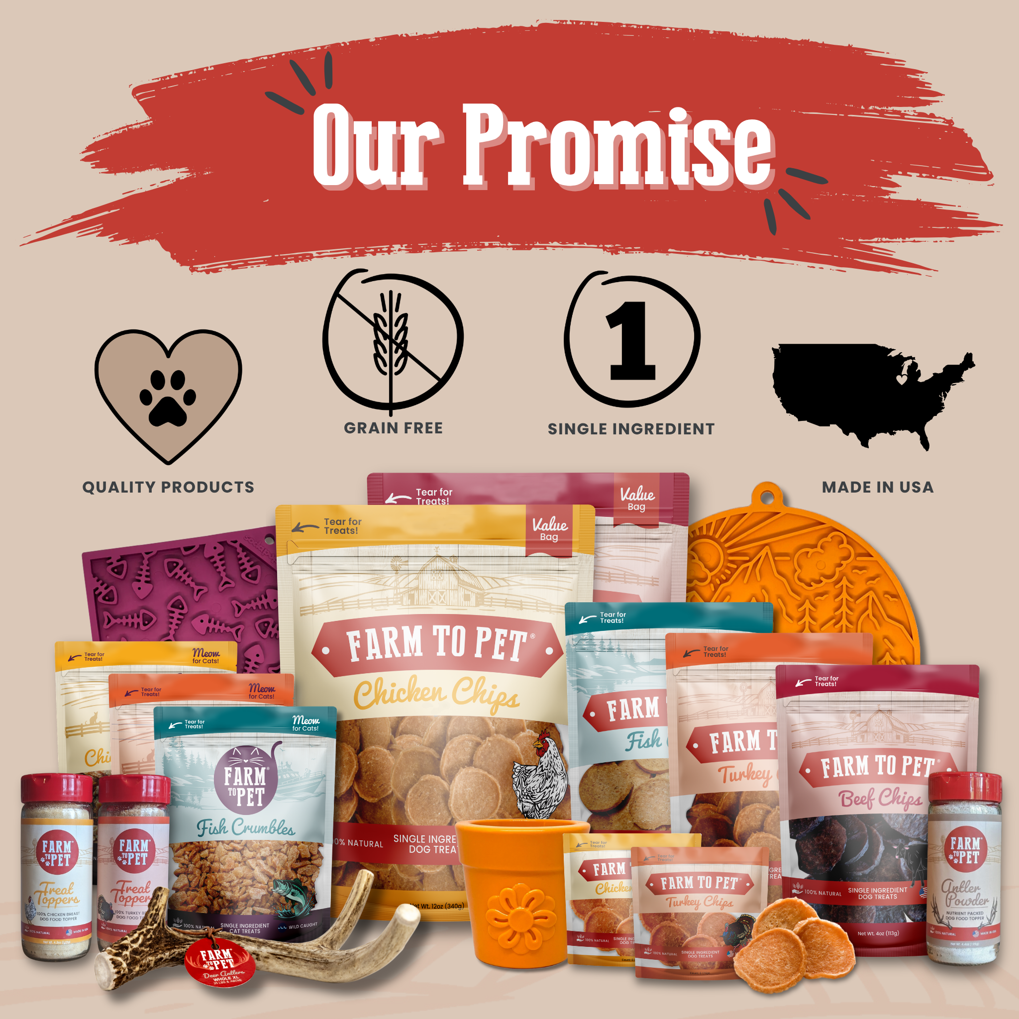 Collection of pet treat products with branding elements and 'Our Promise' text on a beige background.