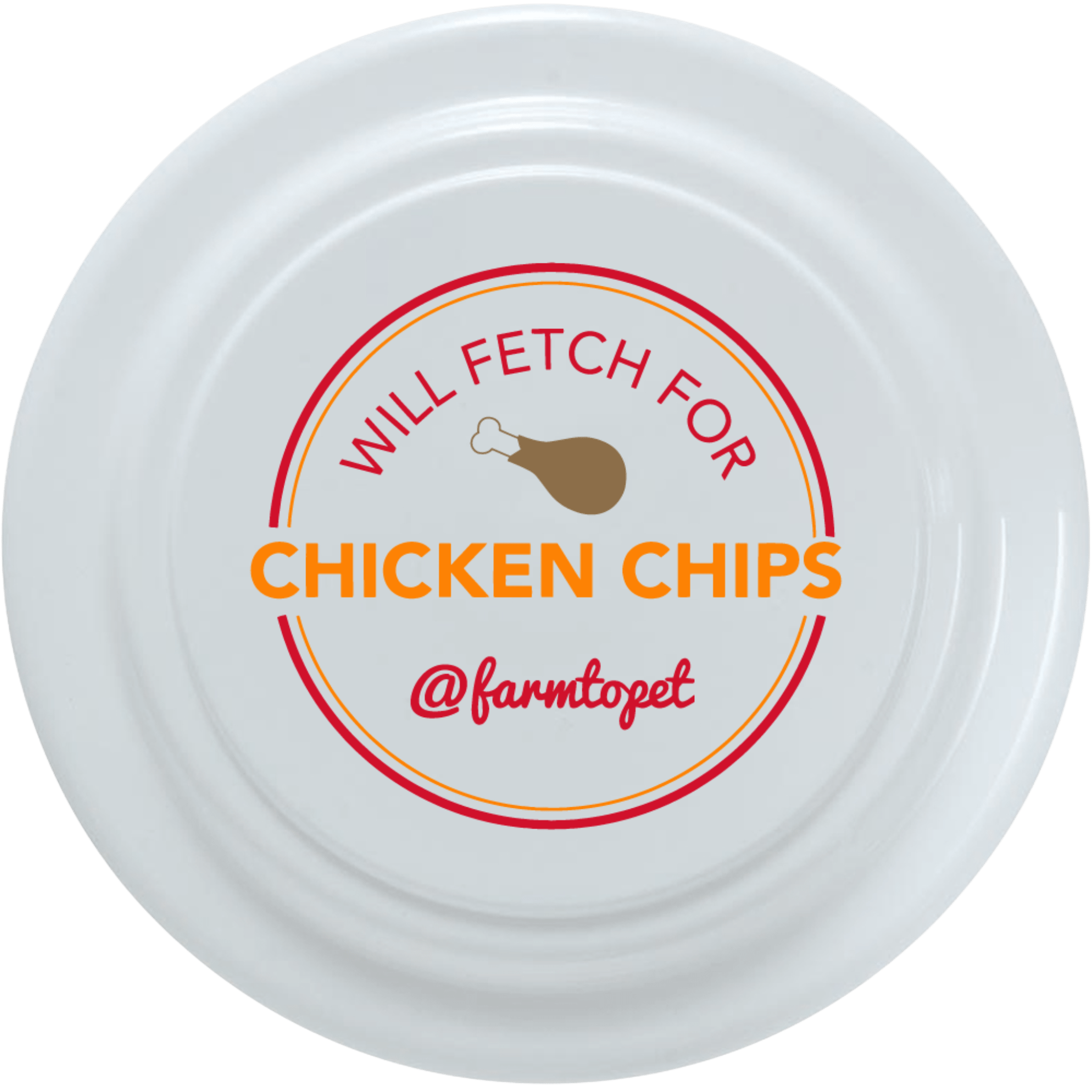 Product picture of a Farm to Pet Will Fetch for Chicken Chips Frisbee on a white back ground.