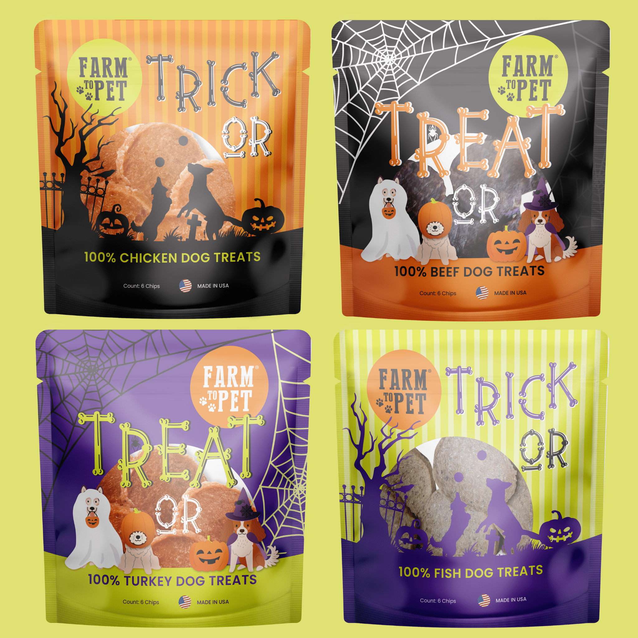 Four packages of Farm to Pet Halloween Snack Pack 24-piece bundle dog treats with Halloween-themed designs on a yellow background. front of bags 
