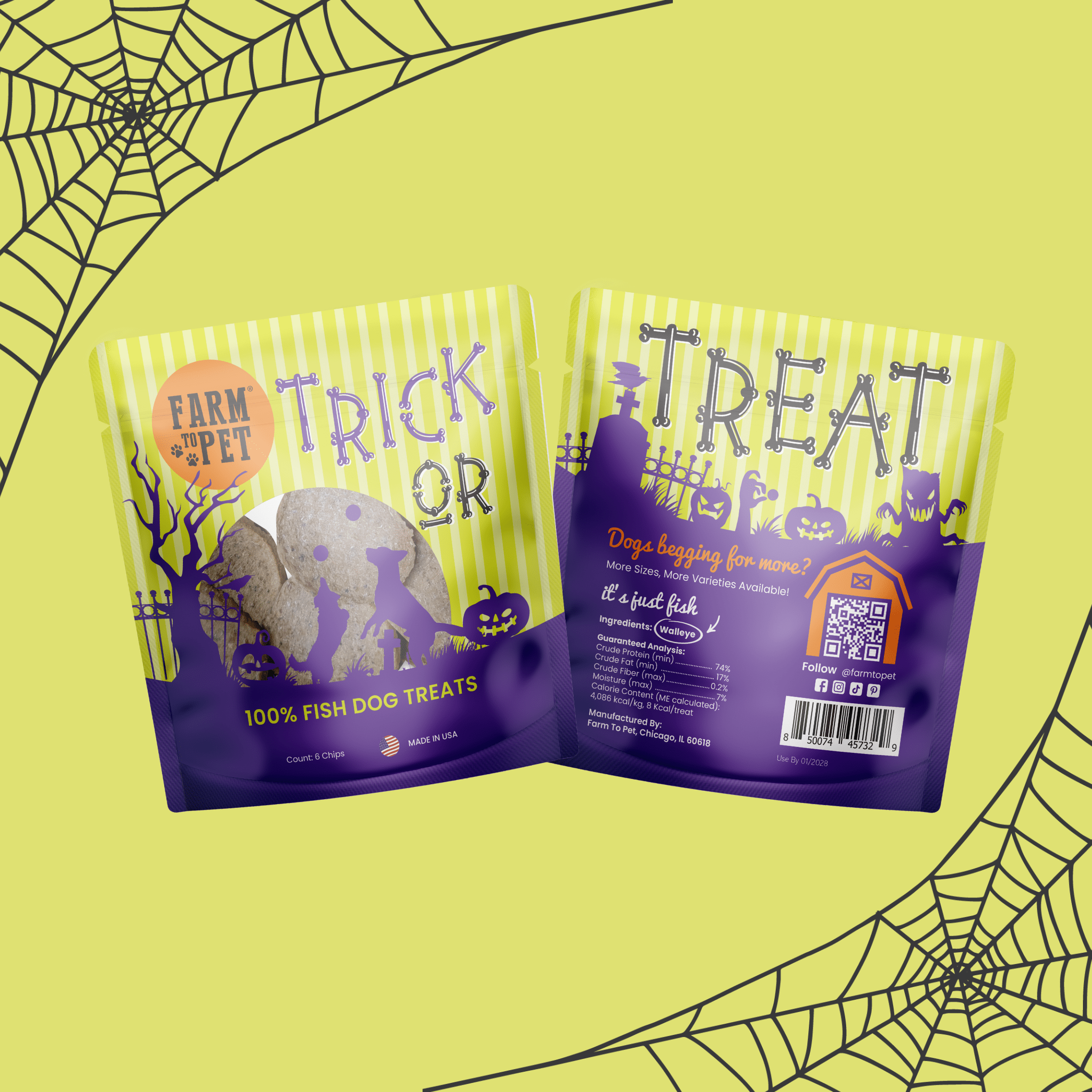 Two Halloween-themed Farm to Pet  Fish snack pack dog treat packages on a yellow background with spider webs. front and back of bags