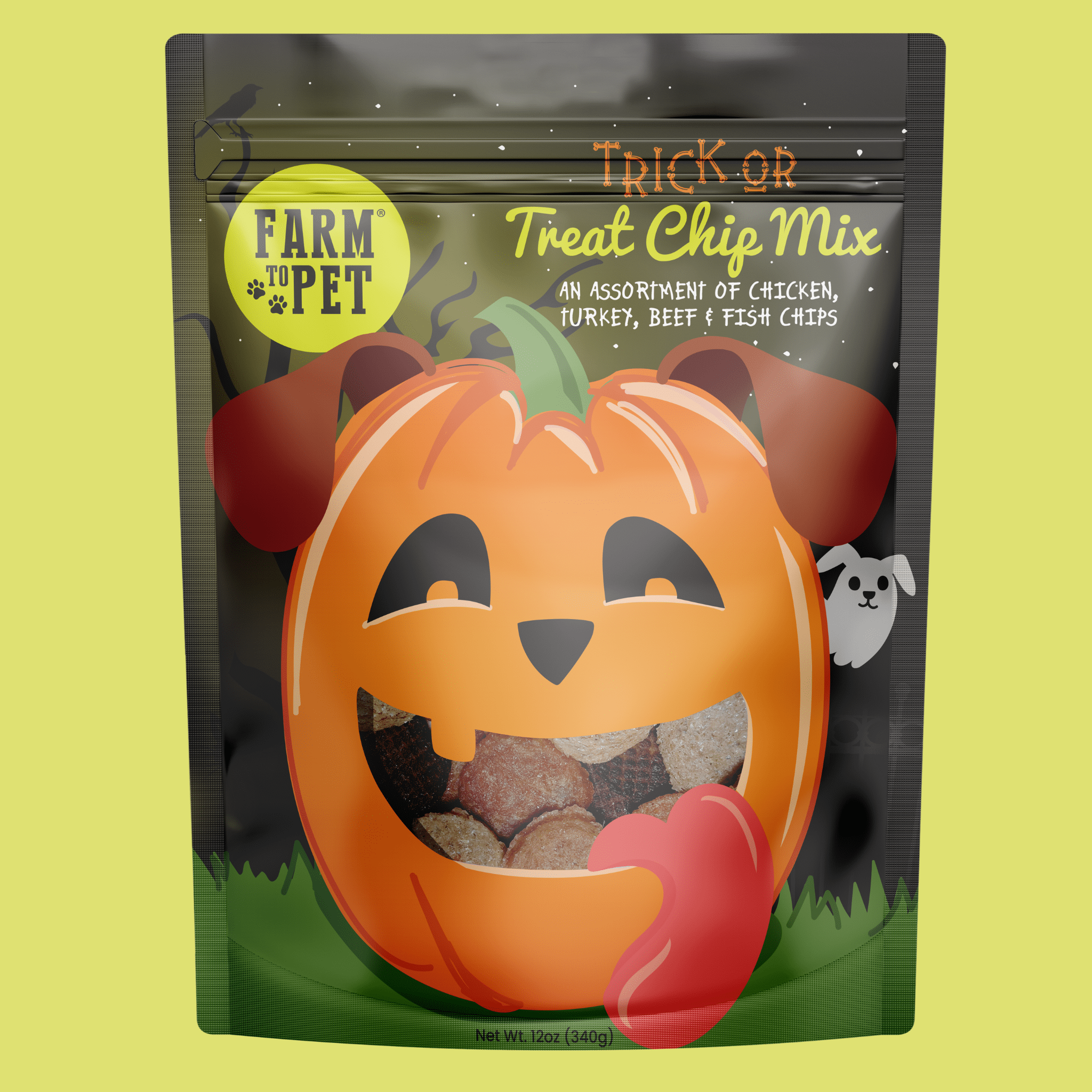 A 12oz package of Farm to Pet Trick or Treat Chip Mix with Chicken, Turkey, Beef and Fish in a Halloween-themed design bags on a green background. The front of bag Jack-O-Lantern Halloween-themed pet treat package with a pumpkin design on a yellow background