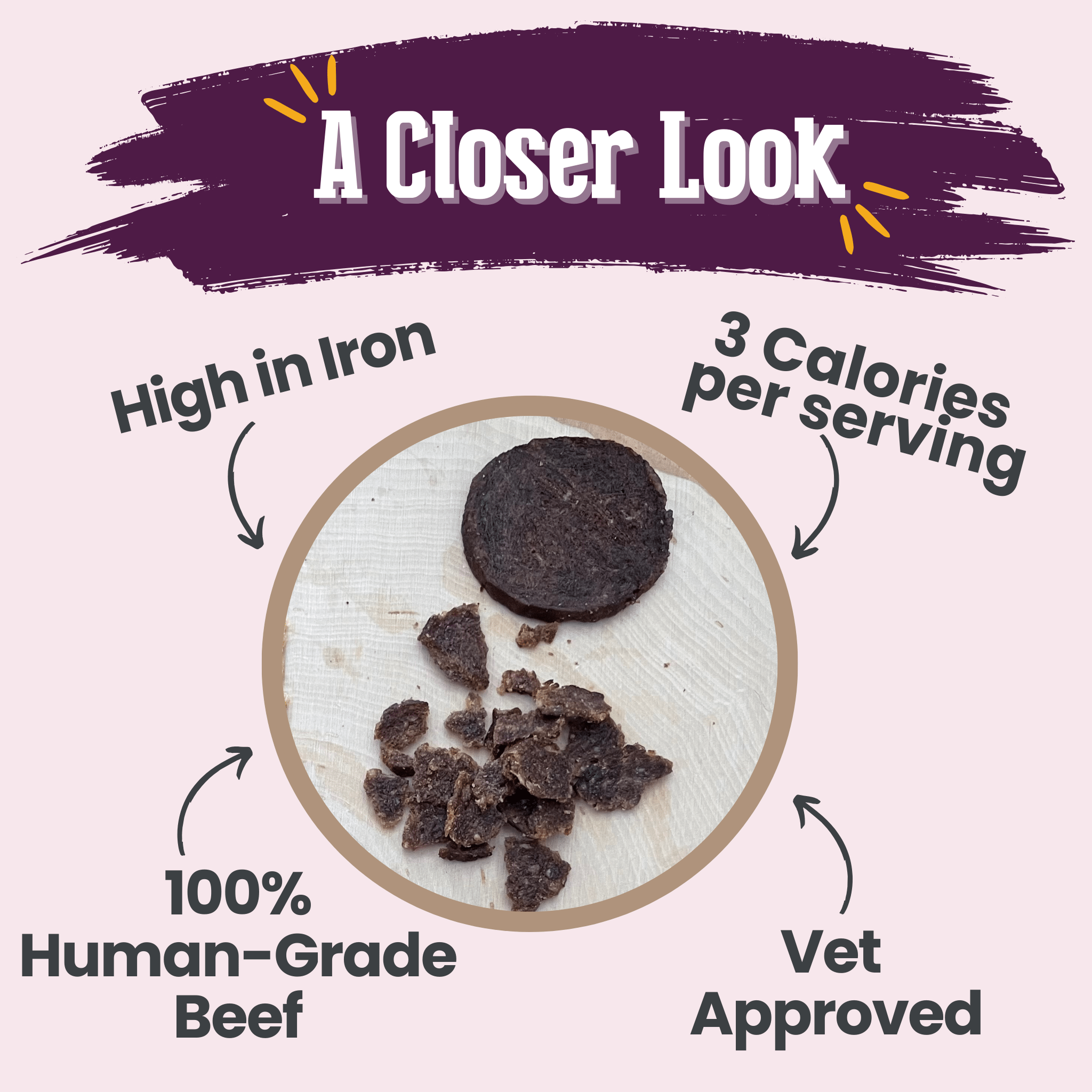 Farm to Pet Beef Cat Crumbles product with health benefits text on a purple background