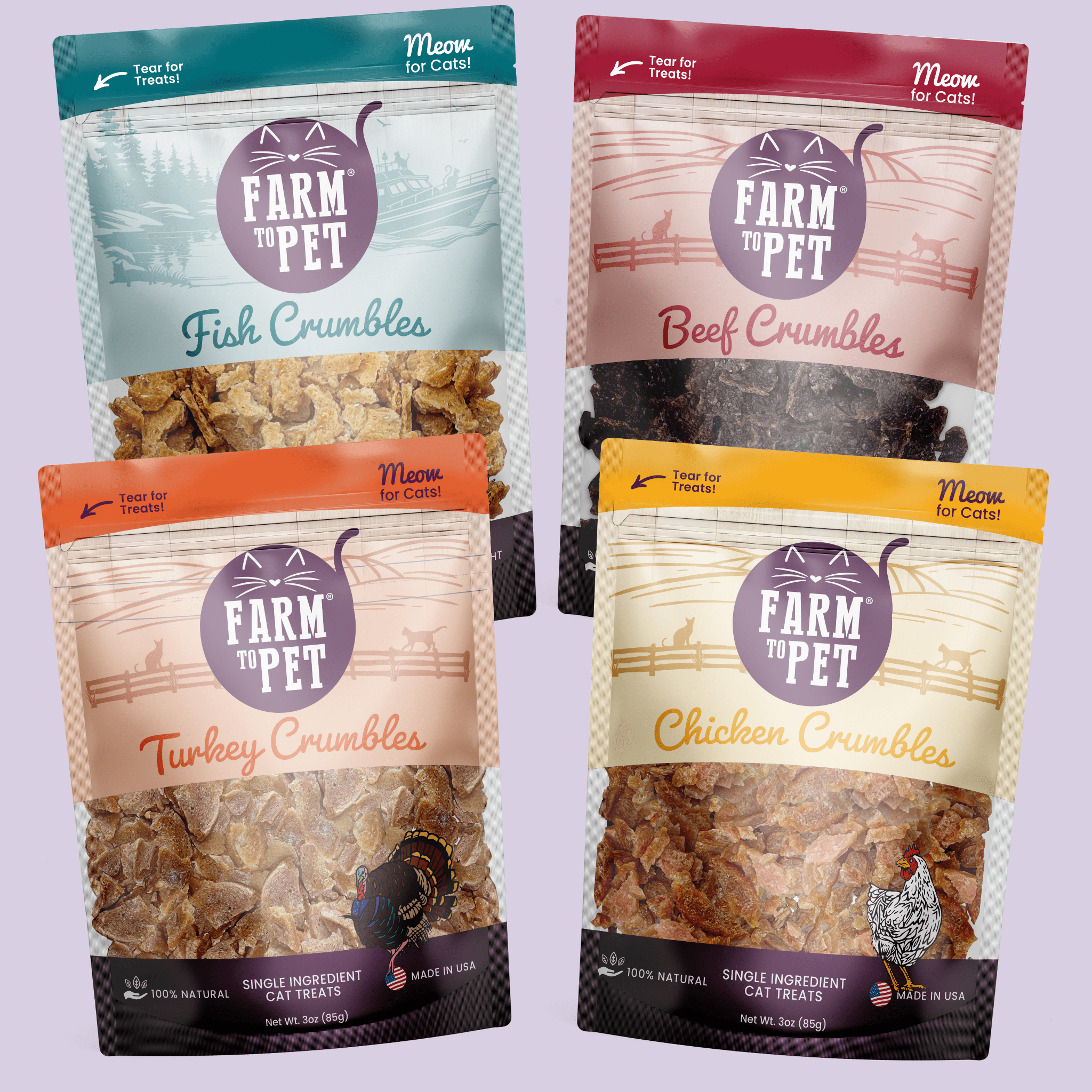 Four packages of Farm to Pet cat food crumbles on a light purple background.