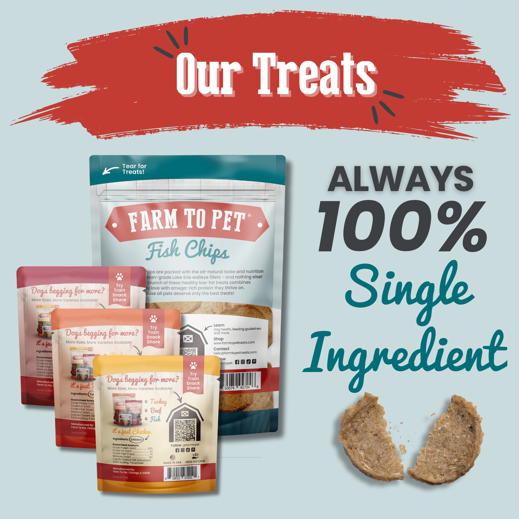 Farm to Pet fish chips packaging with text 'Our Treats Always 100% Single Ingredient' on a light blue. background.