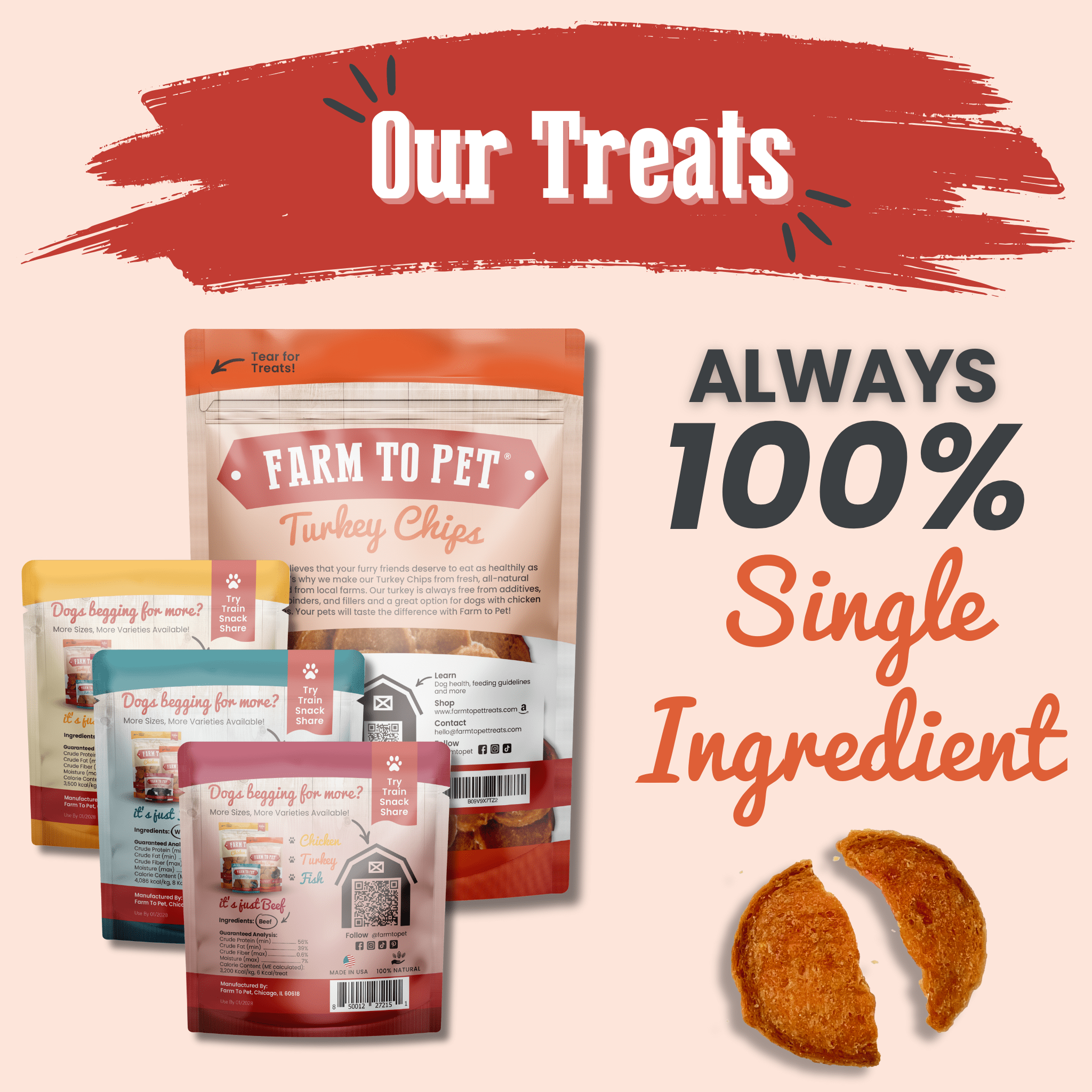 Farm to Pet treat packages with a red banner and text about 100% single-ingredient treats on a light pink background.