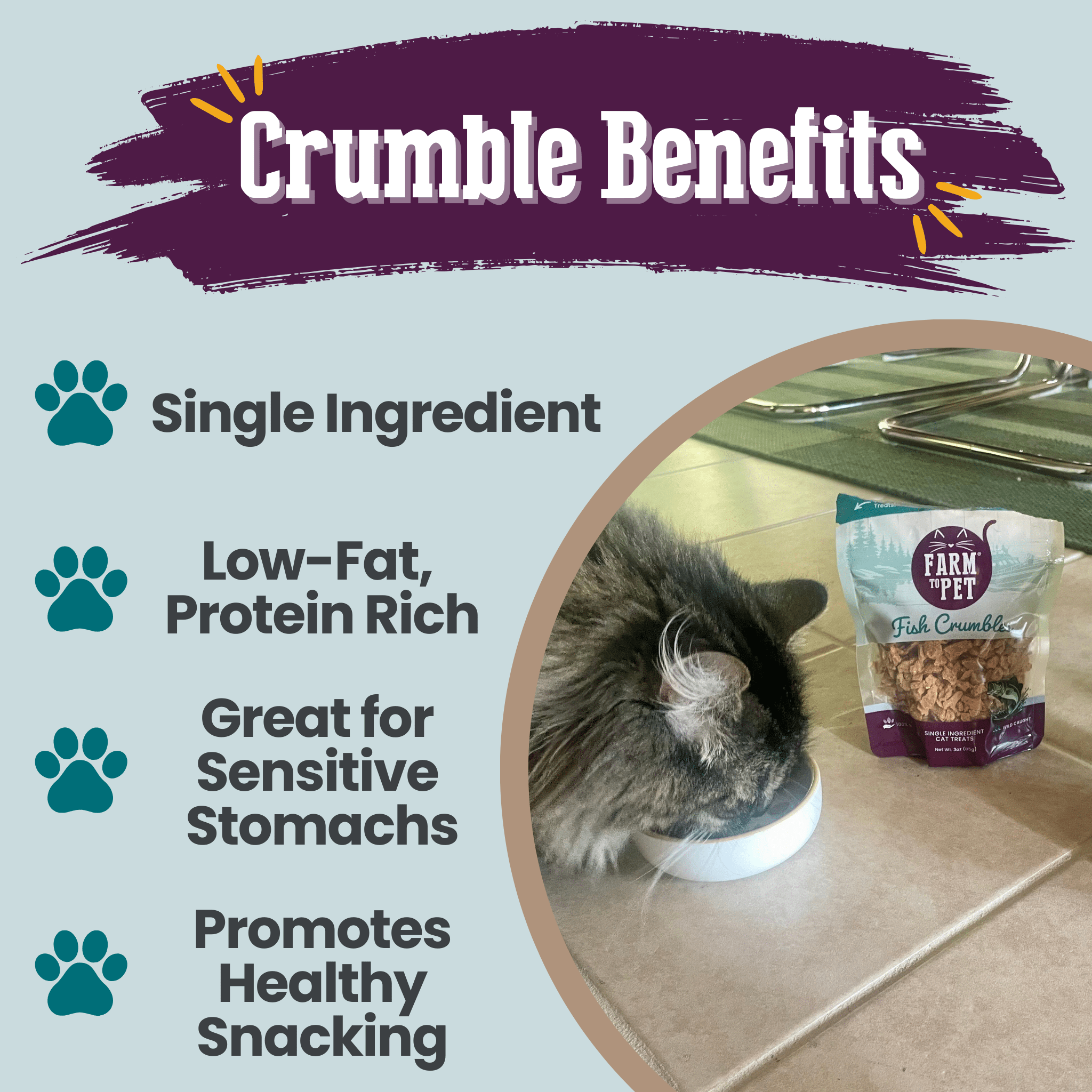 Crumble pet food benefits with a cat eating from a bowl and a bag of Farm to Pet Fish Cat Crumble on a table.