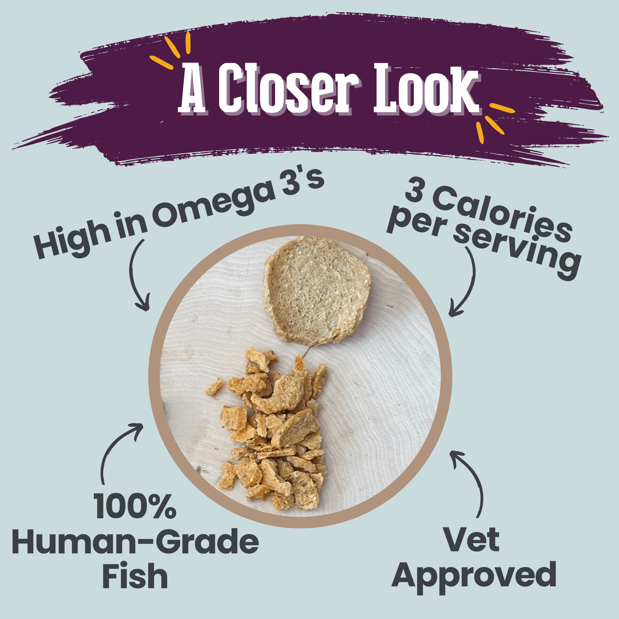 Farm to Pet Cat Crumbles product packaging with text highlighting features like omega-3s, calories, human-grade fish, and vet approval on a light blue background.