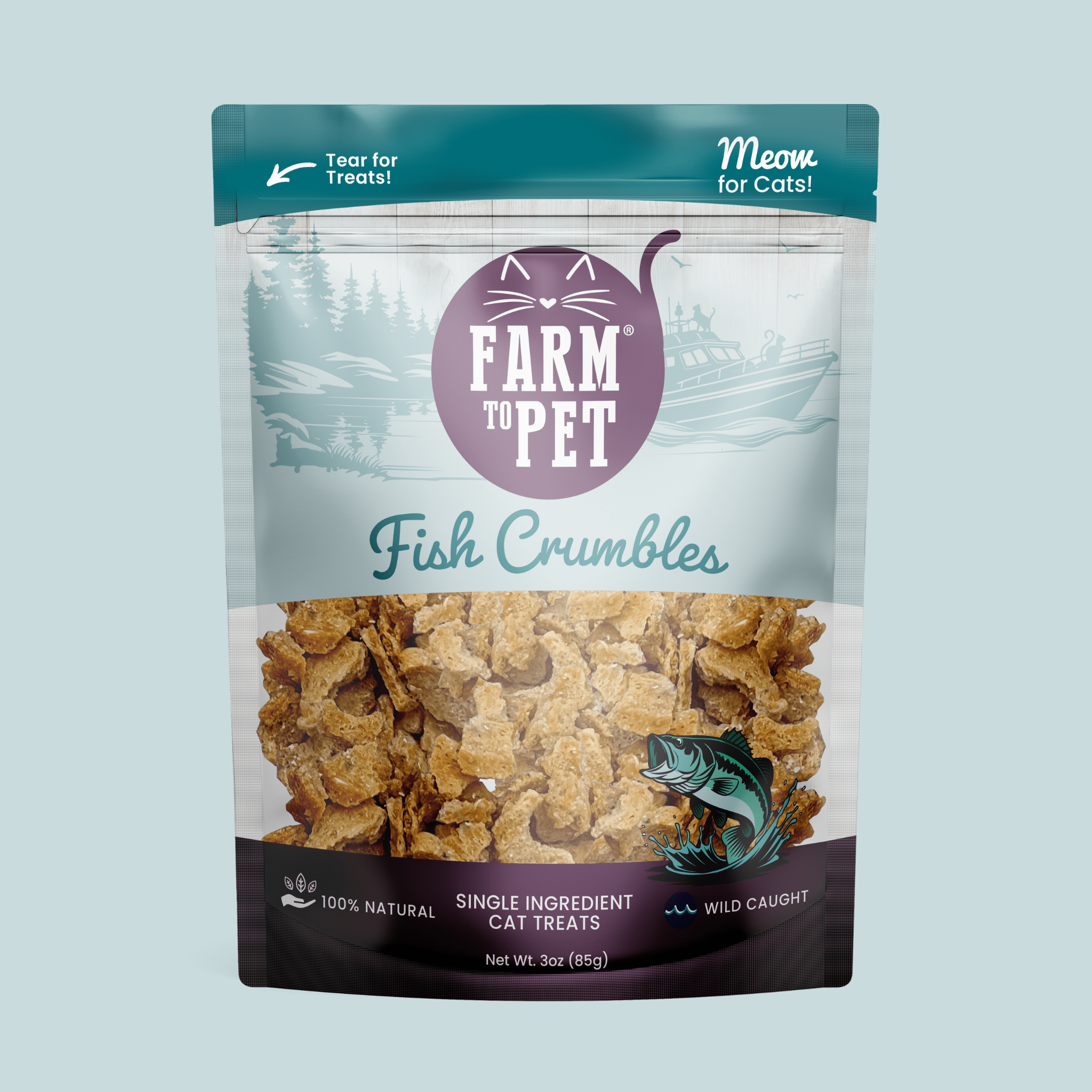 Package of Farm to Pet Fish Crumbles cat treats on a light blue background.