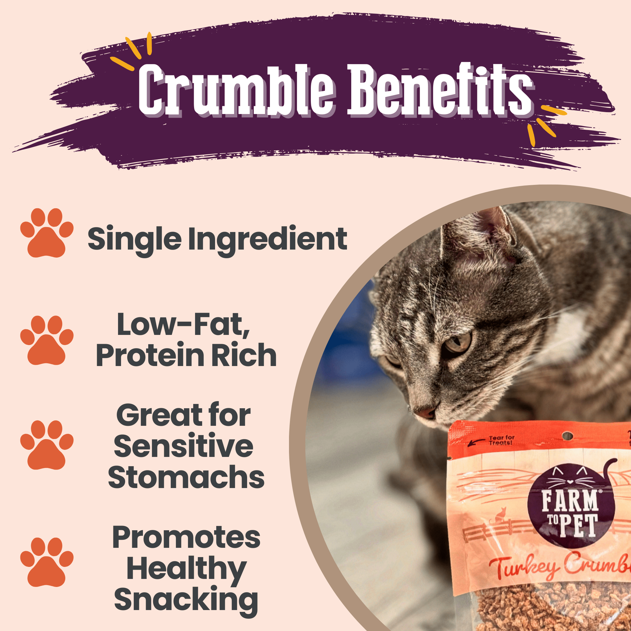 Cat with a Farm to Pet Turkey Cat crumble package and text listing benefits on a pink background