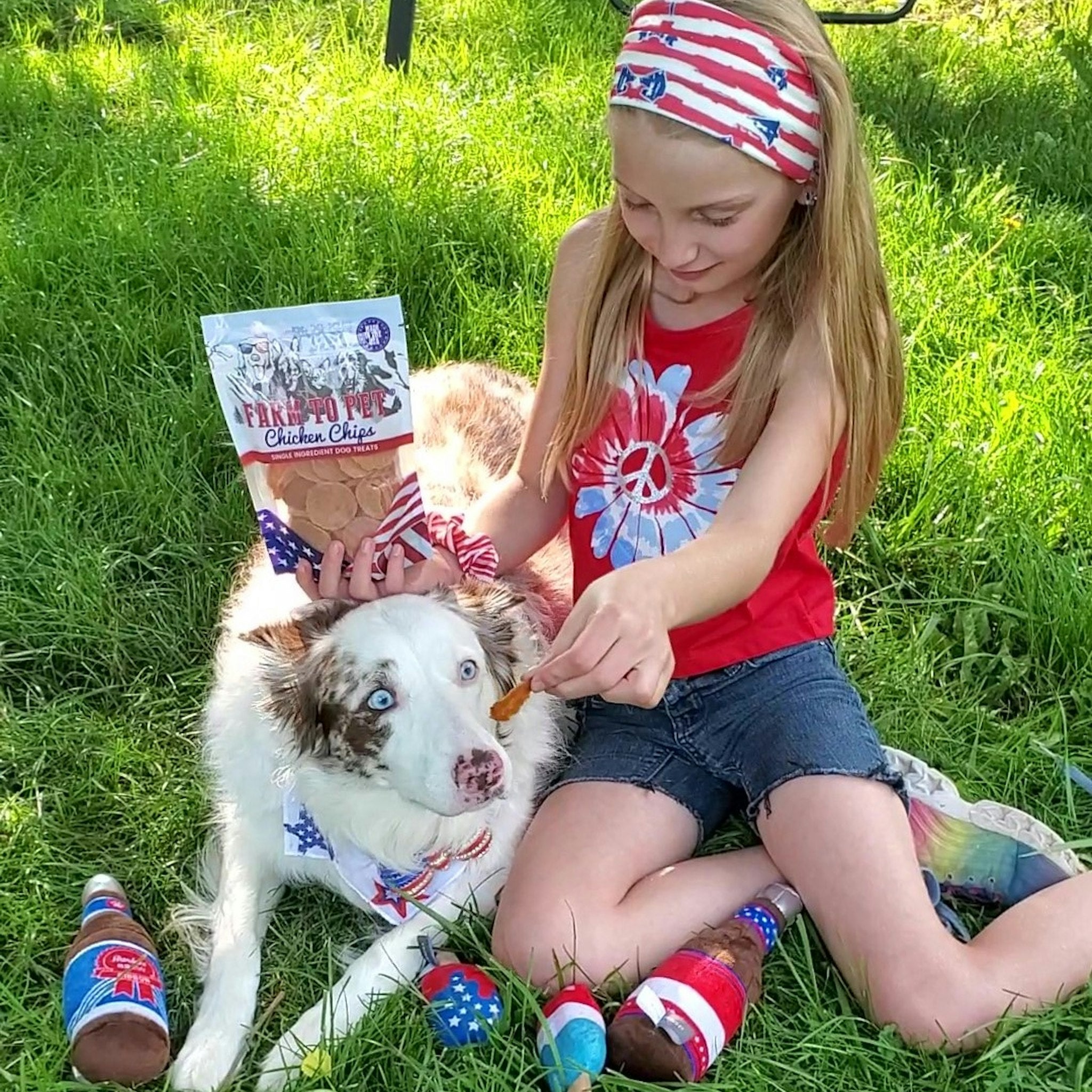 A little girl dressed in red white and blue feeding a dog Farm to Pet American Chicken chips outside on the grass.