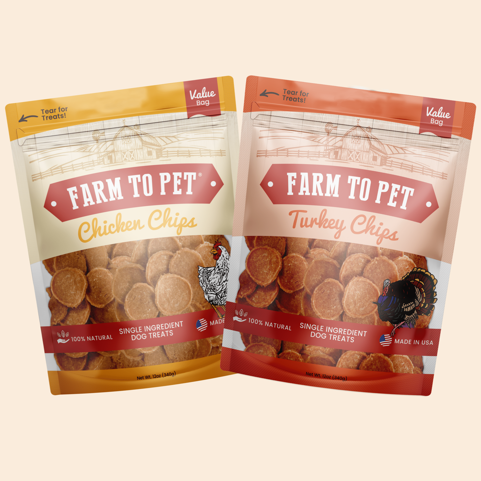 Two packages of Farm to Pet dog treats, one for chicken chips and one for turkey chips, on a beige background.