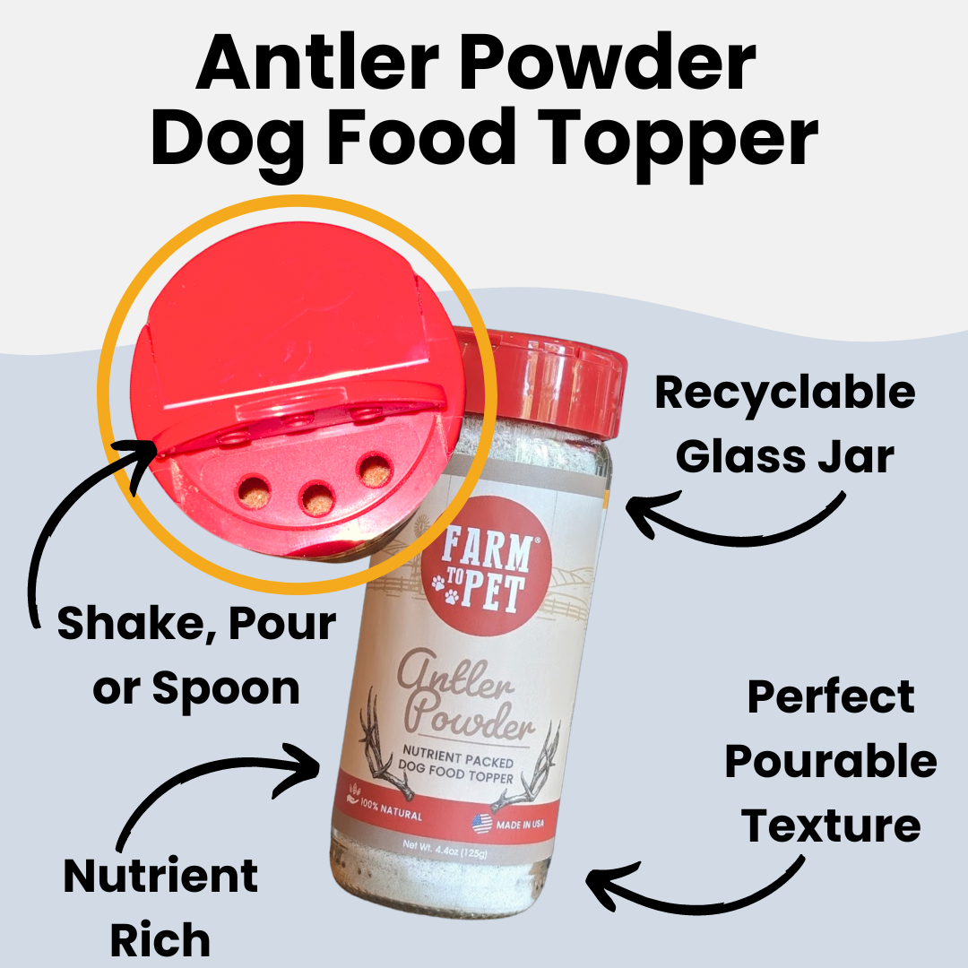 A picture of a jar of Farm to Pet Antler Powder showing the features of the jar.