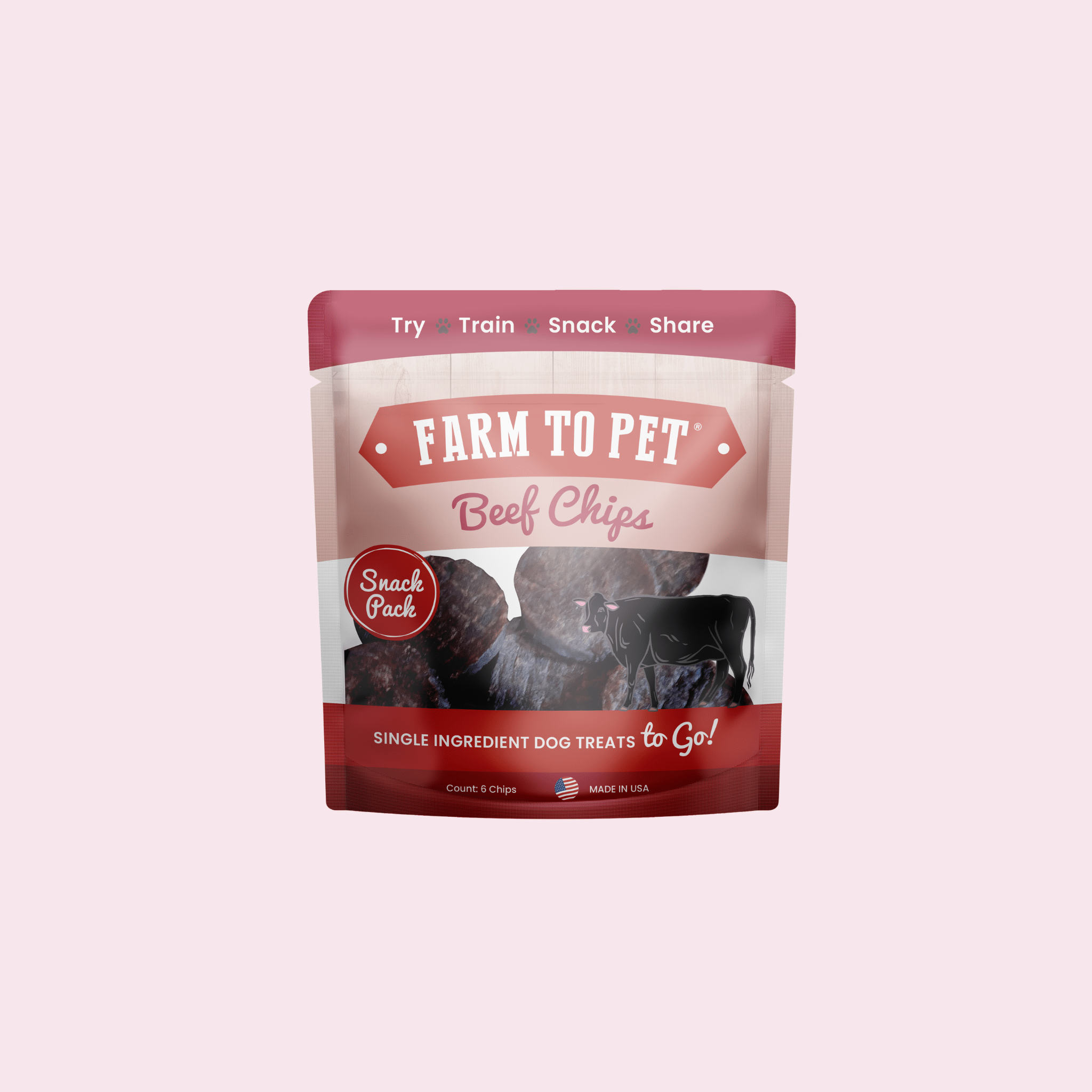 Package of Farm to Pet Beef Chips on a light pink background.