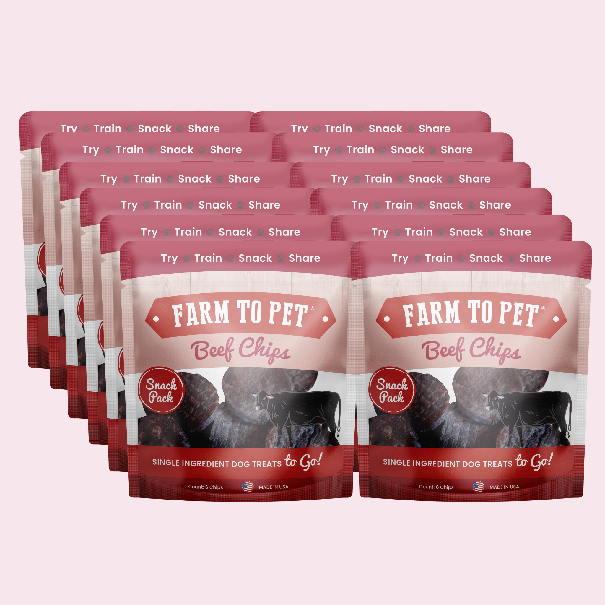 Multiple packages of Farm to Pet Beef Chips on a pink background.