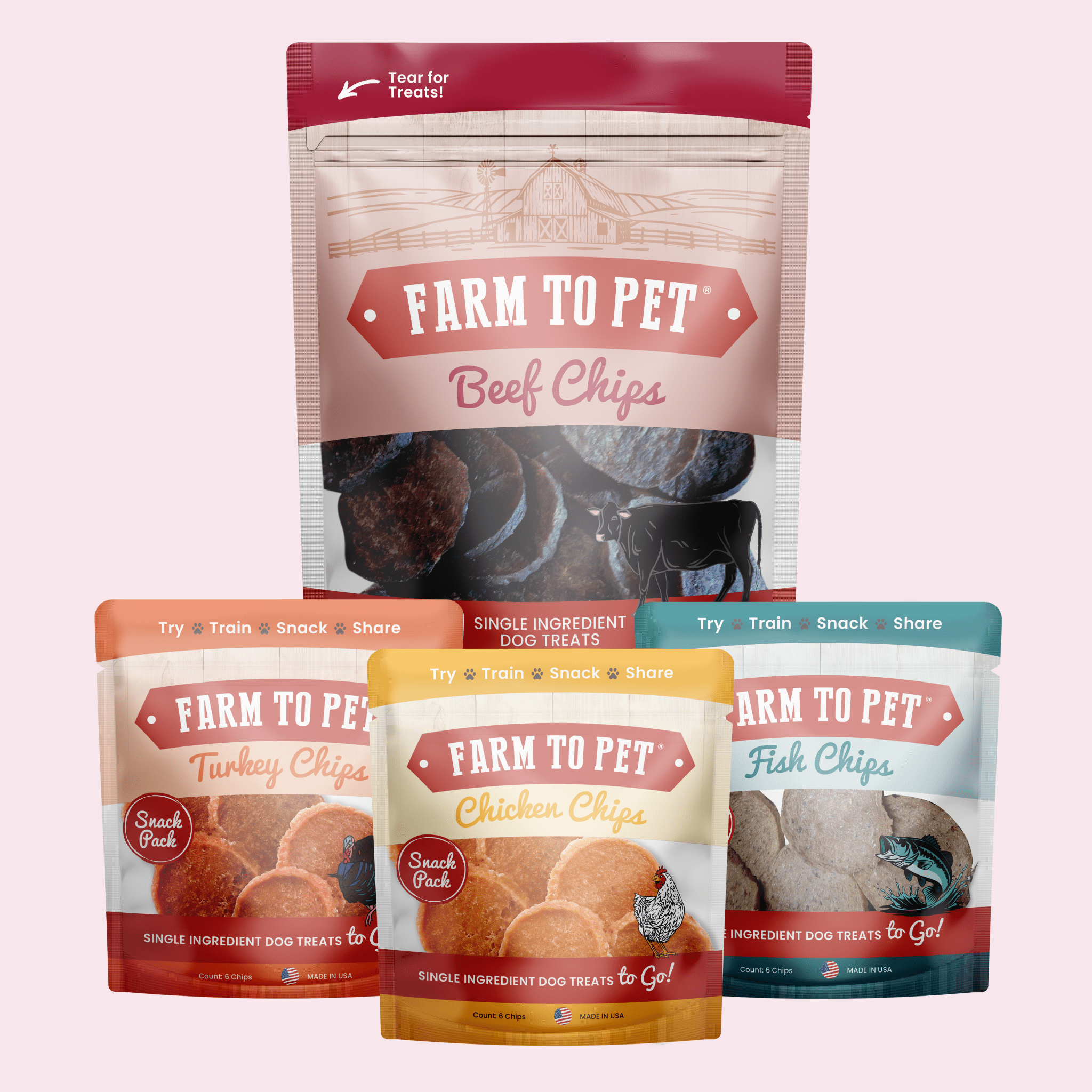 A collection of Farm to Pet dog treat packages on a light pink background.