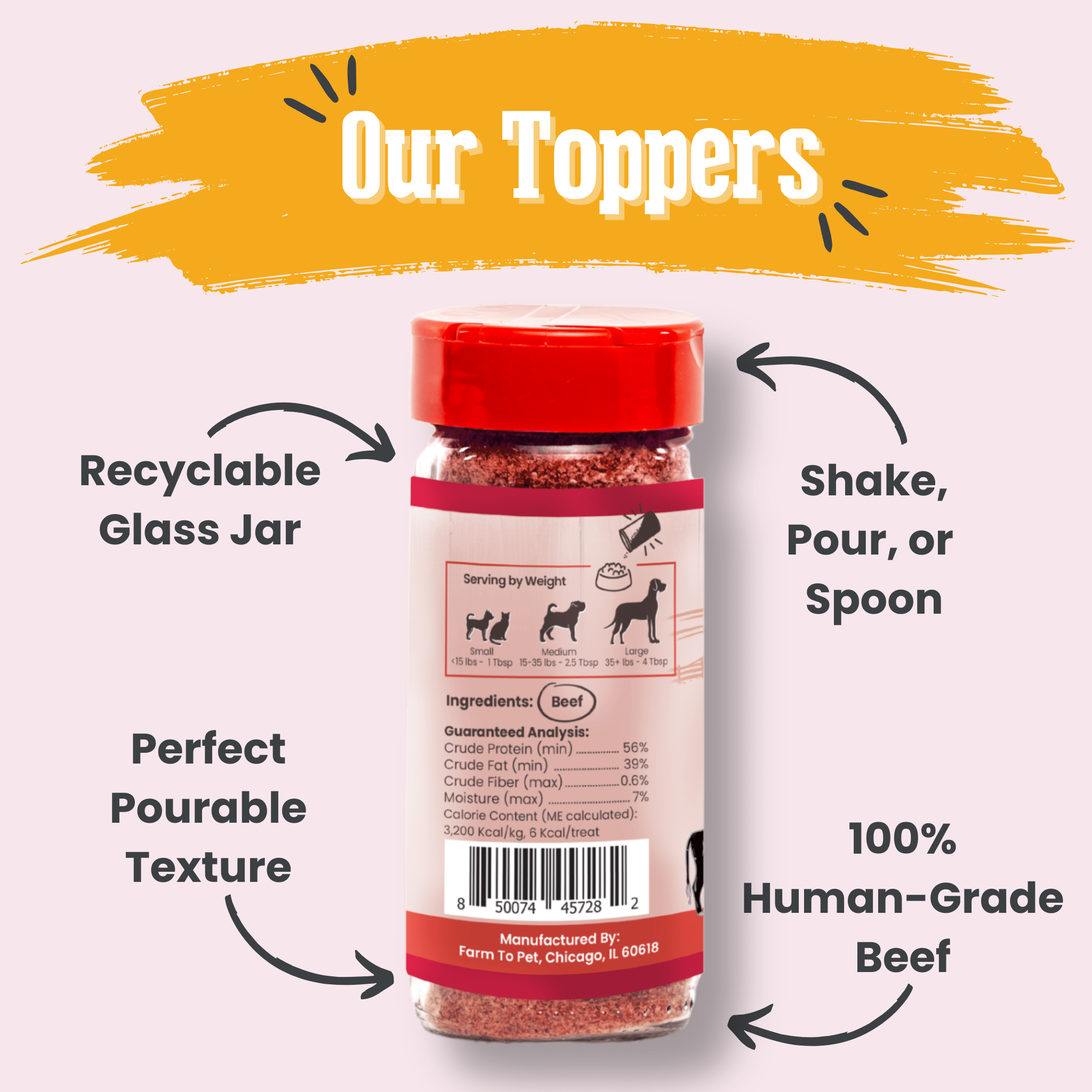 A back of a jar of Farm to Pet Beef Treat Toppers with a red lid on a light background with features about the product.