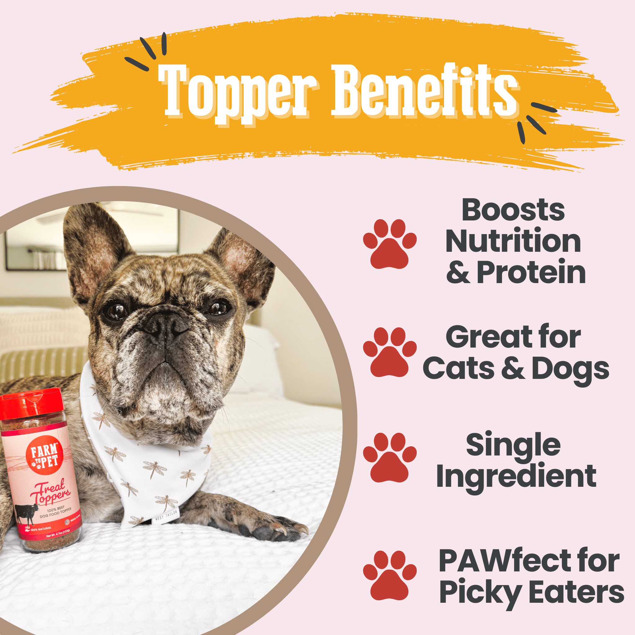 Dog with a Farm to Pet product and 'Topper Benefits' text on a white background.