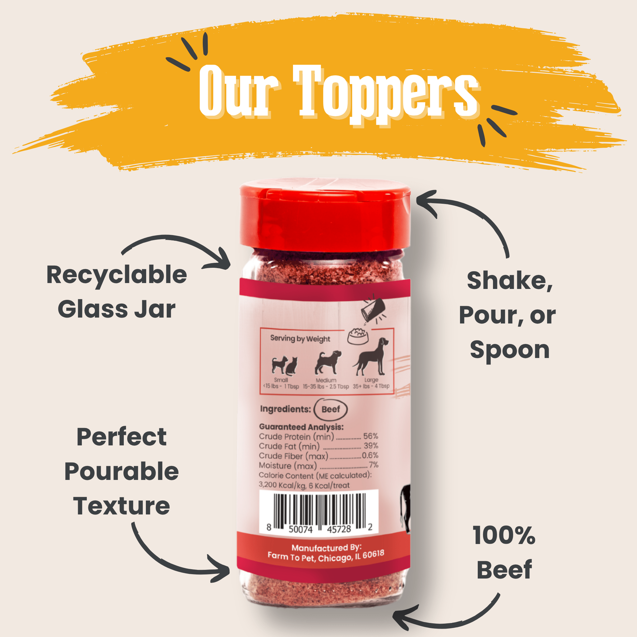 A jar of Farm to Pet Beef Treat Toppers with text highlighting features on a light gray background showing 100% Beef.