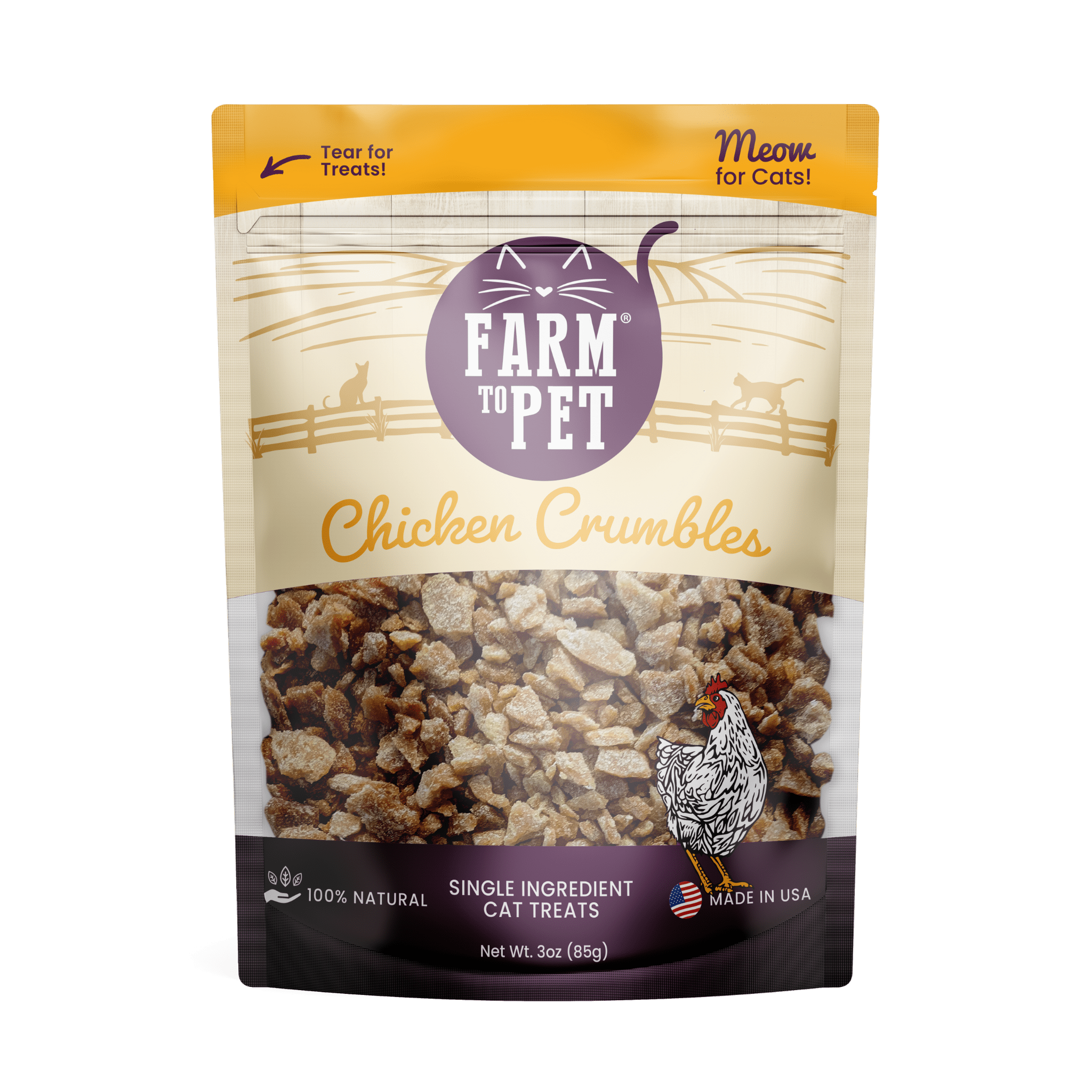 Product picture of Farm to Pet Chicken Crumbles for cats front of bag with white background.
