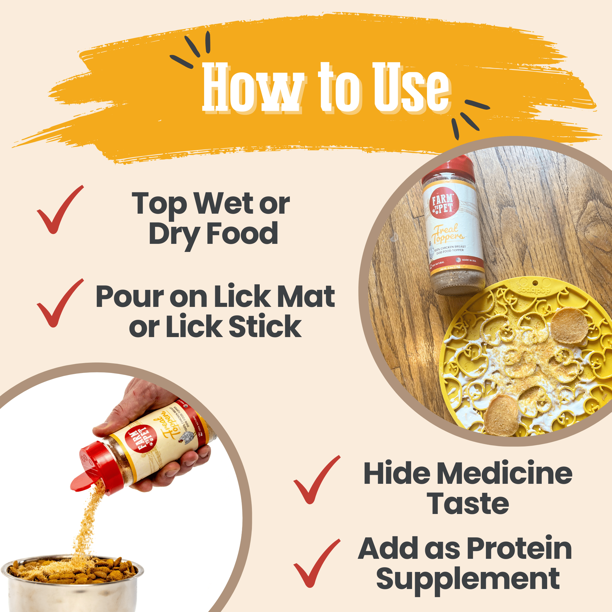 Instructions on how to use a Farm to Pet Treat Toppers product with images and text.