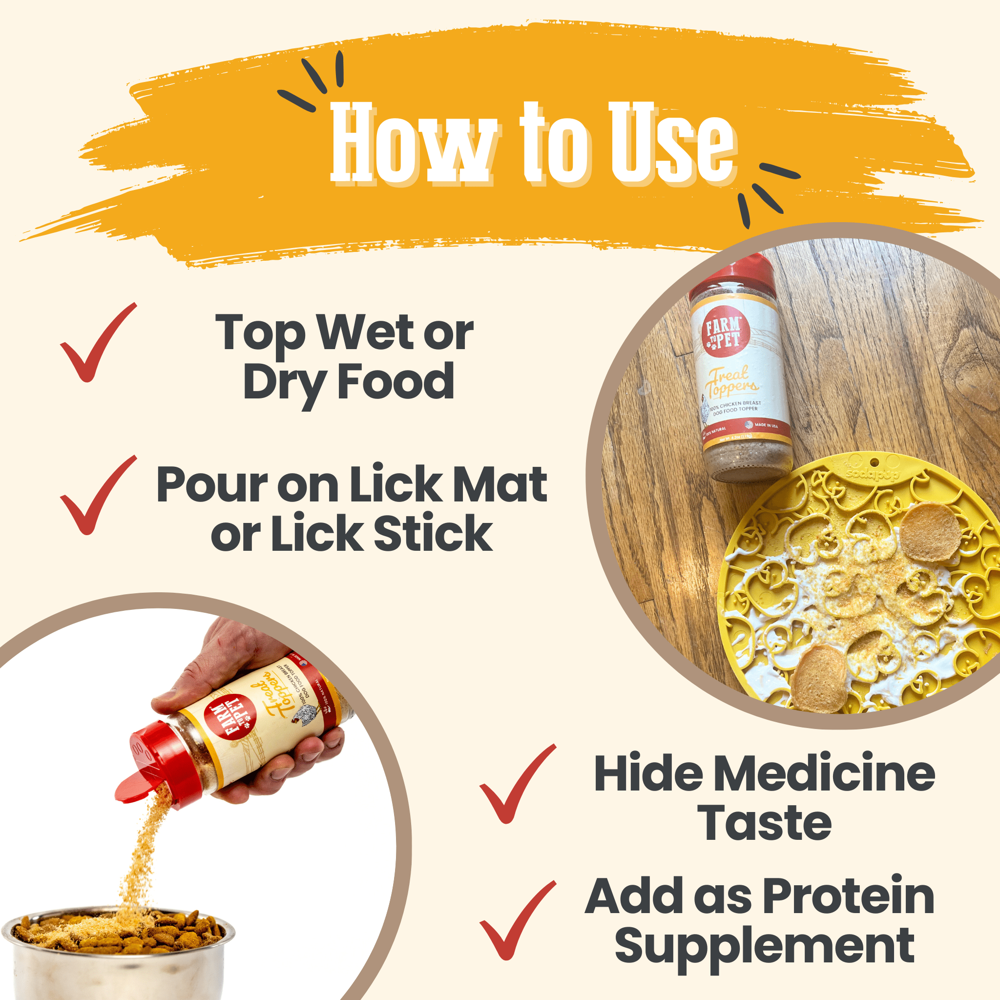 Instructions on how to use Farm to Pet Treat Toppers product with images and text.