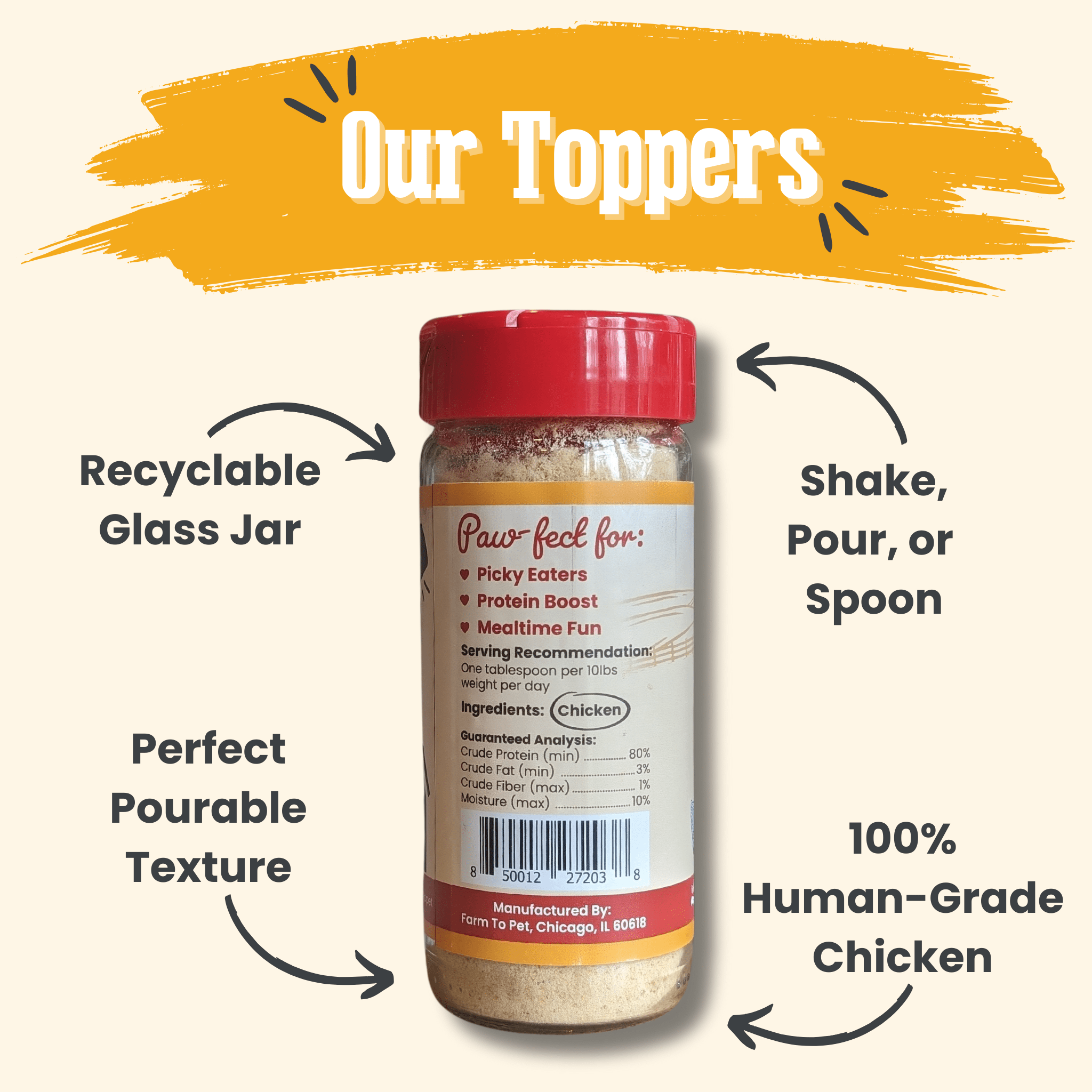 The back of a glass jar Farm to Pet Chicken Toppers with red lid labeled 'Our Toppers' on a white background.
