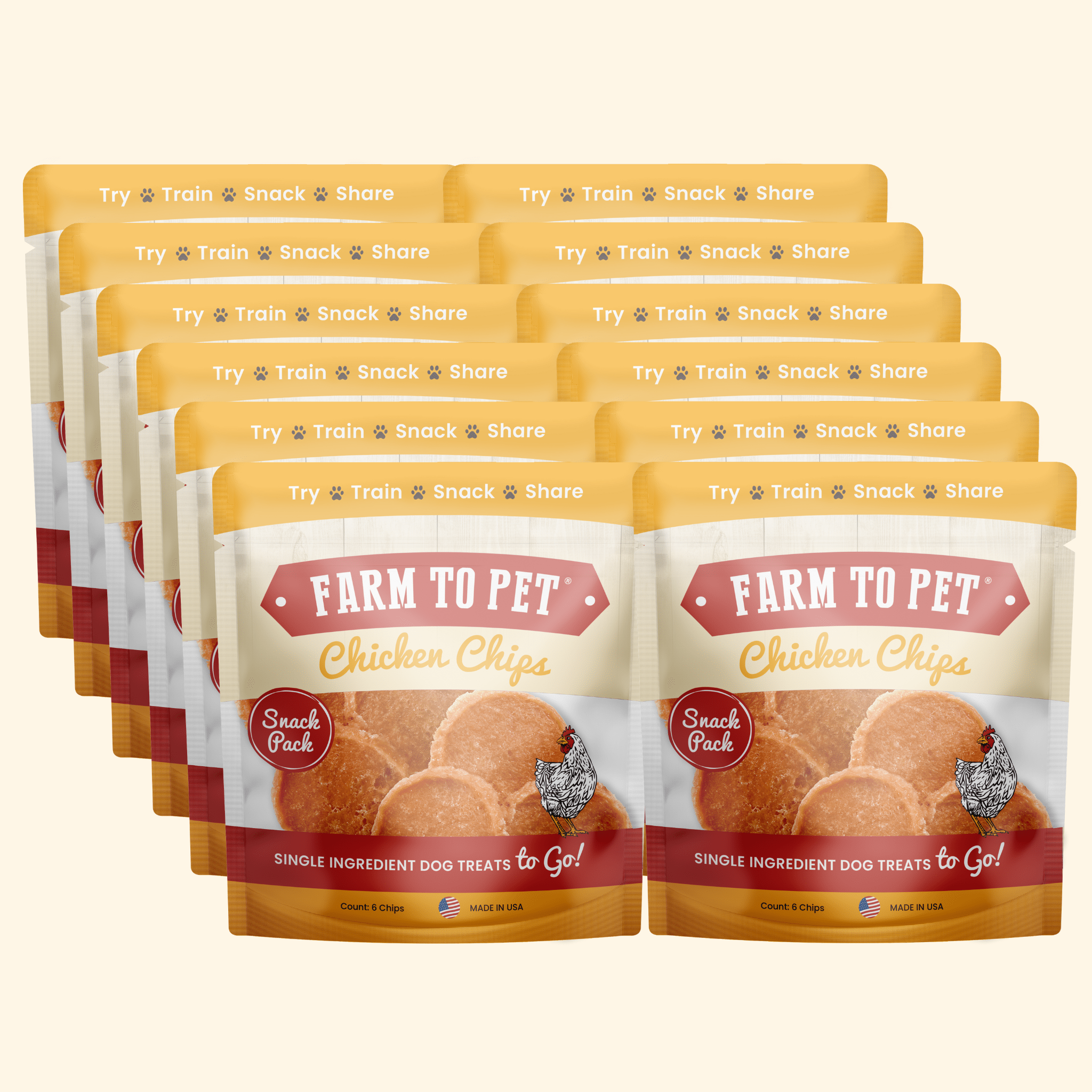 Multiple packages of Farm to Pet Chicken Chips Snack Packs dog treats on a white background