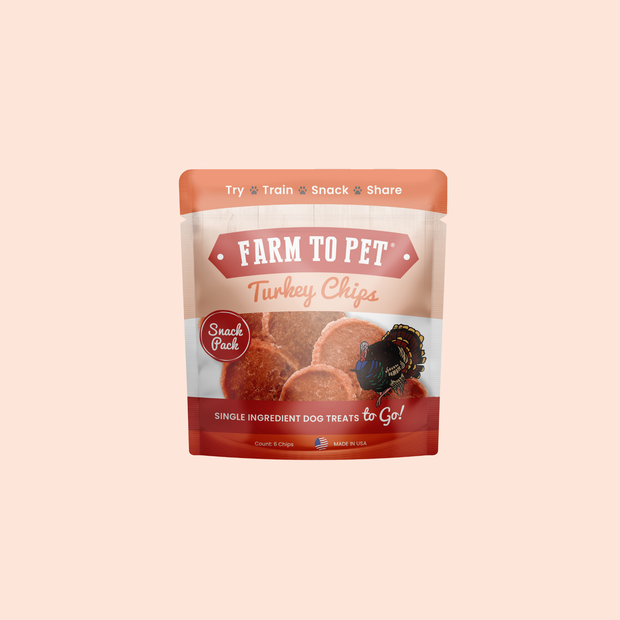 Package of Farm to Pet Turkey Chips on a beige background.