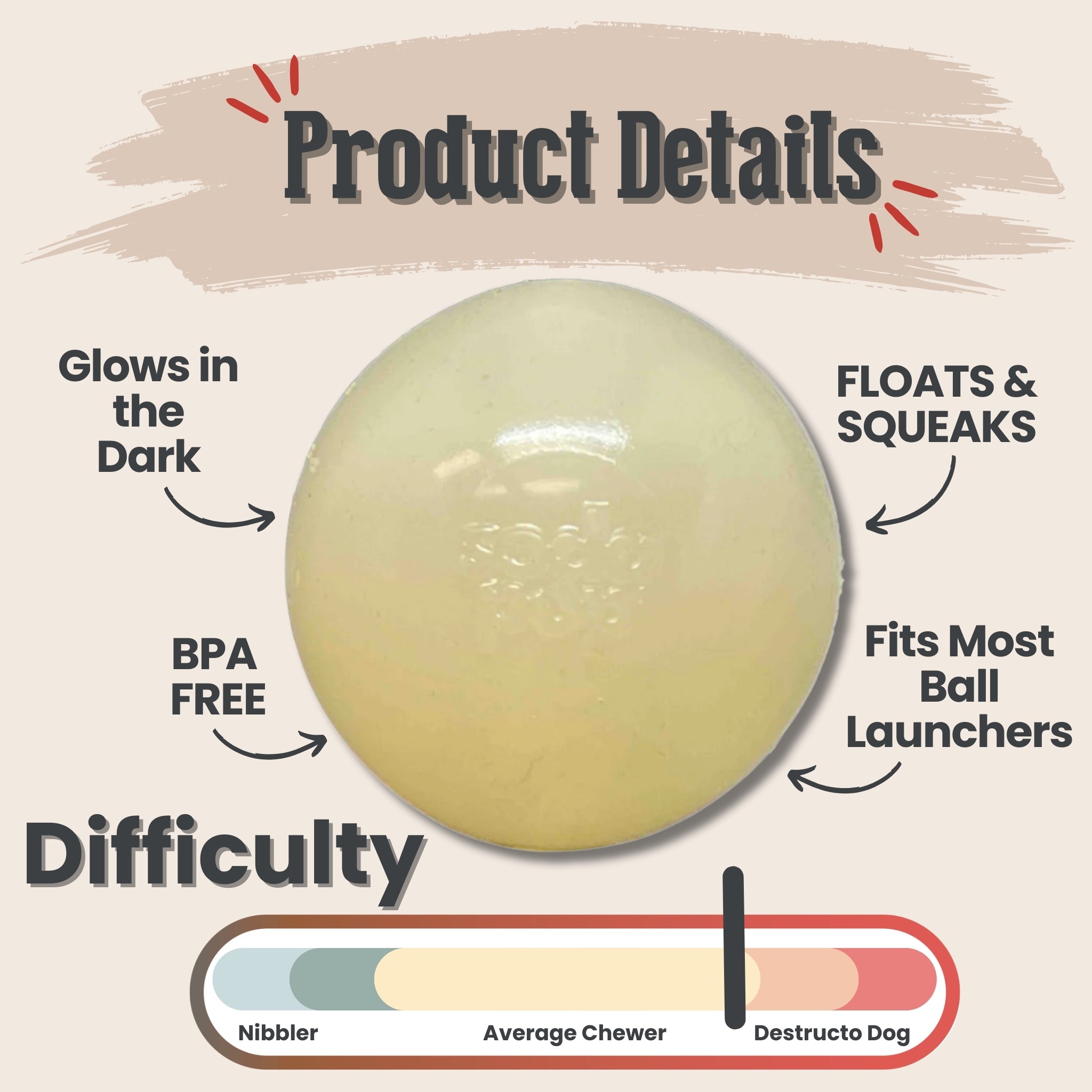 Farm to Pet Dog Fetch Ball Glow-In the Dark Ball with Product details of a ball with features like glowing in the dark, floating, squeaking, BPA-free, and fitting most ball launchers on a beige background.