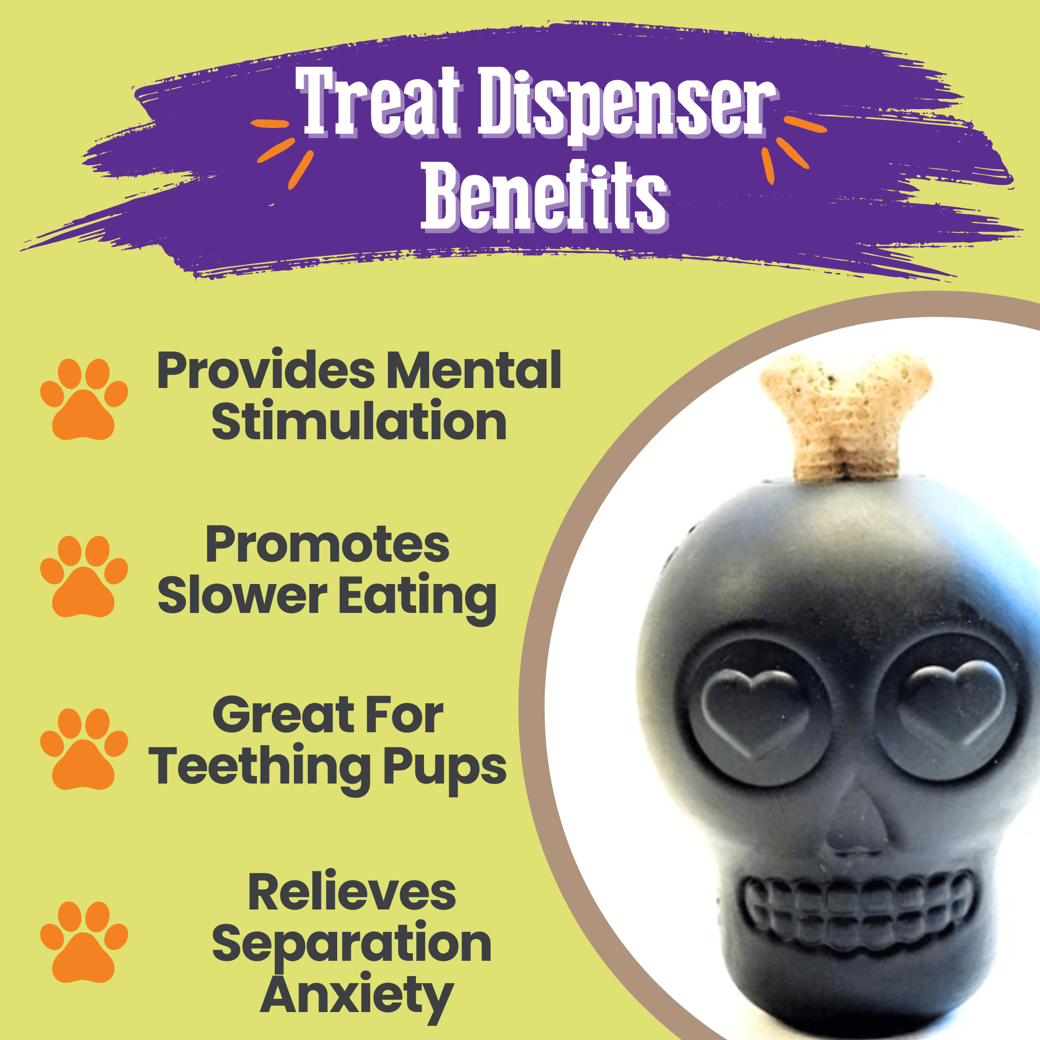 Farm to Pet Dog Treat Dispenser Black Skull with benefits listed on a green background.