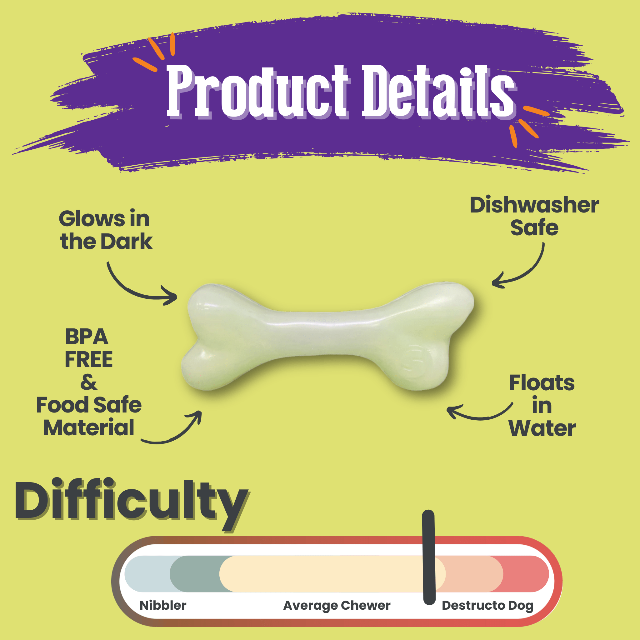 Farm to Pet Dog Treat Dispenser white bone glow in the dark product details listed on a green background