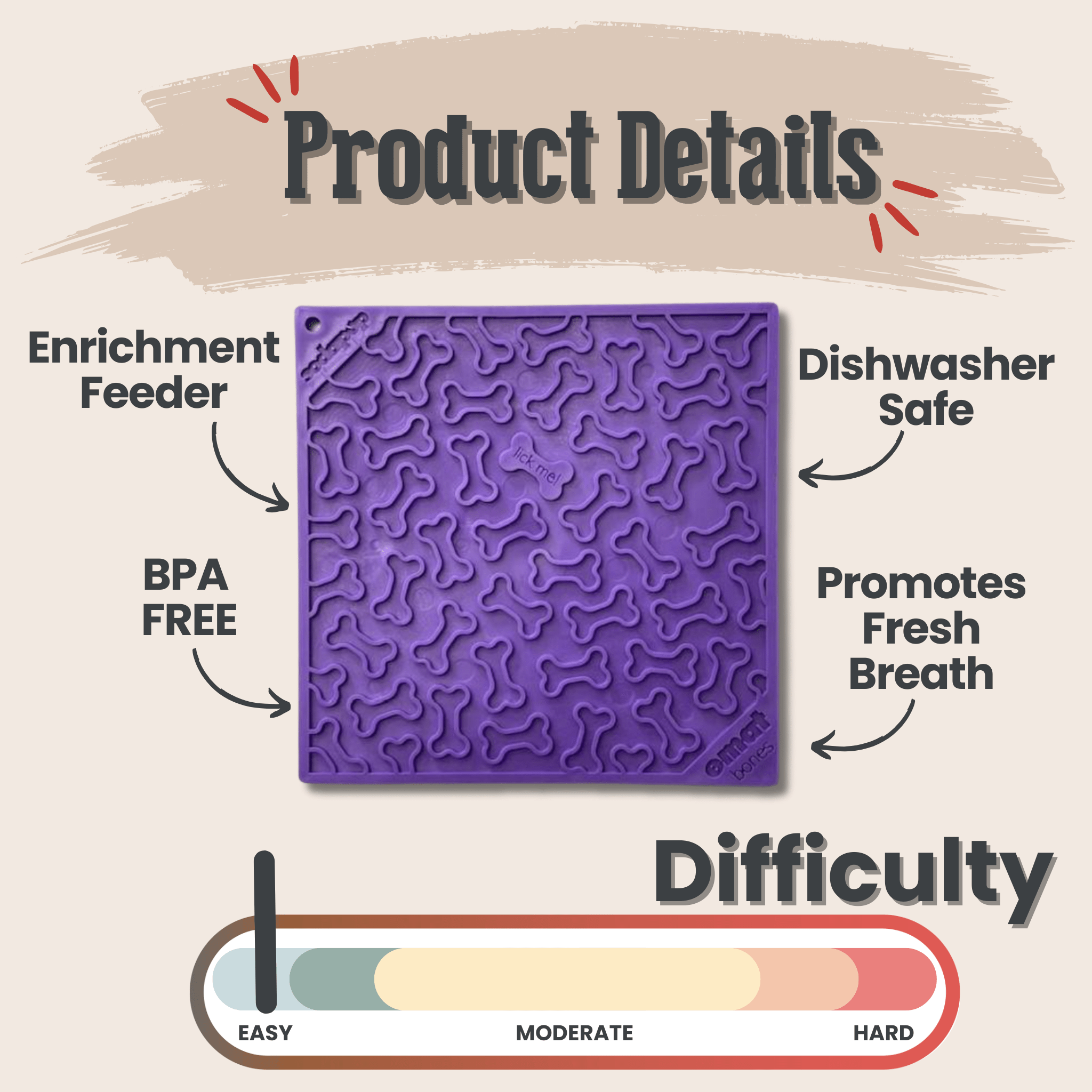 Farm to Pet Purple textured lick mat with bones and text detailing features and ease of use on a beige background.