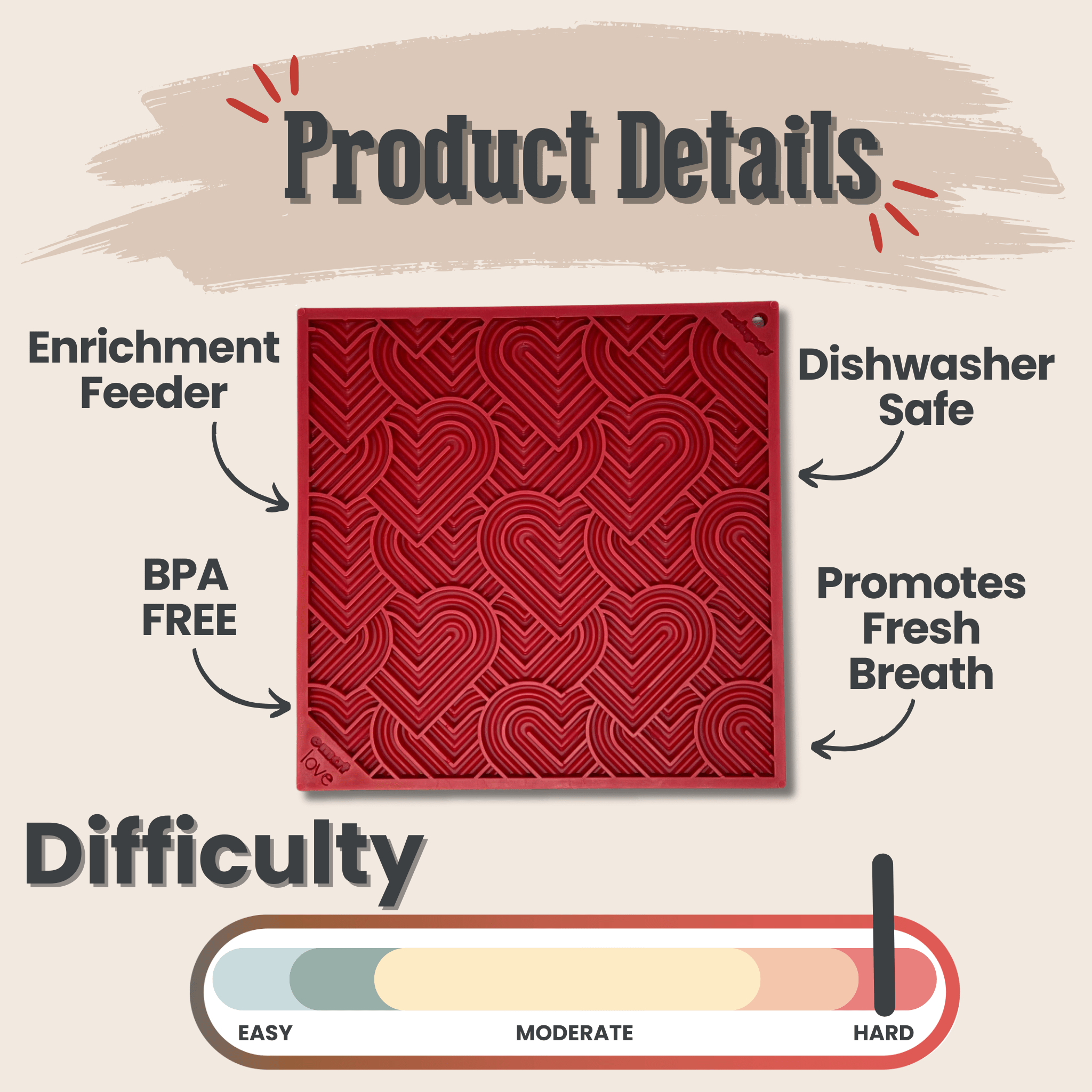 Farm to Pet Red Hearts Lick Mat textured product with features listed on a beige background.