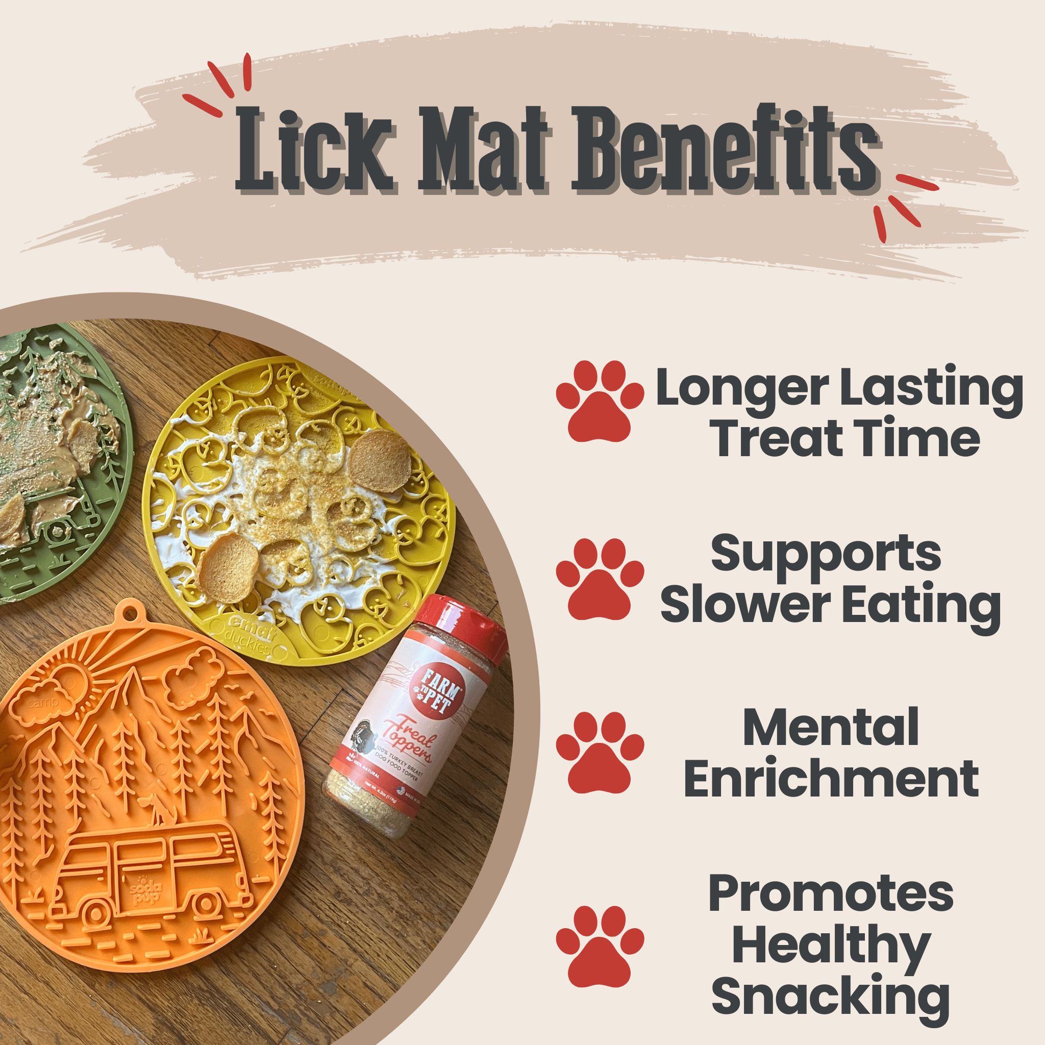Several Farm to Pet lick mats with a jar of turkey treat topper showing benefits on a wooden surface.