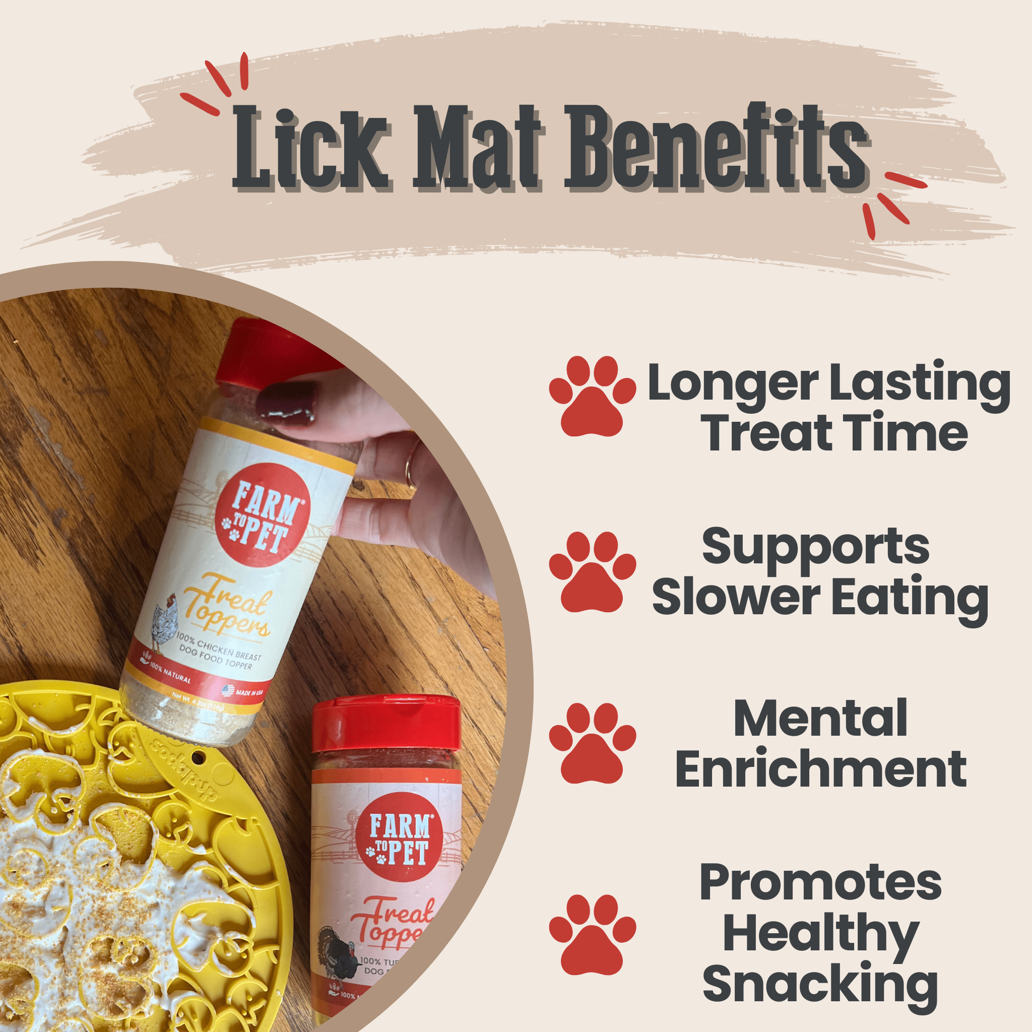 Farm to Pet Lick mat with treat toppers and text highlighting benefits on a beige background.