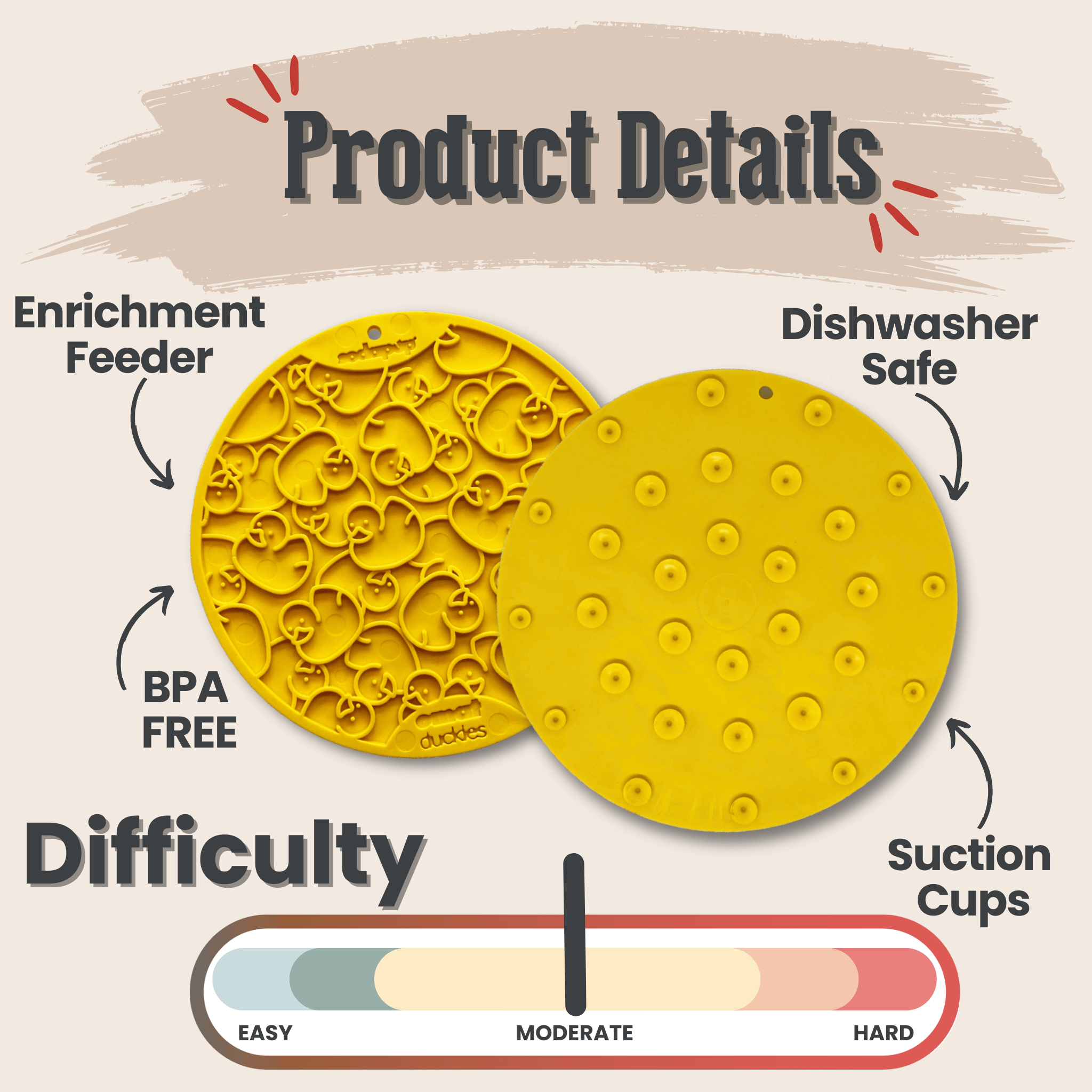 Farm to Pet two yellow silicone lick mats with text detailing features and difficulty level on a beige background.