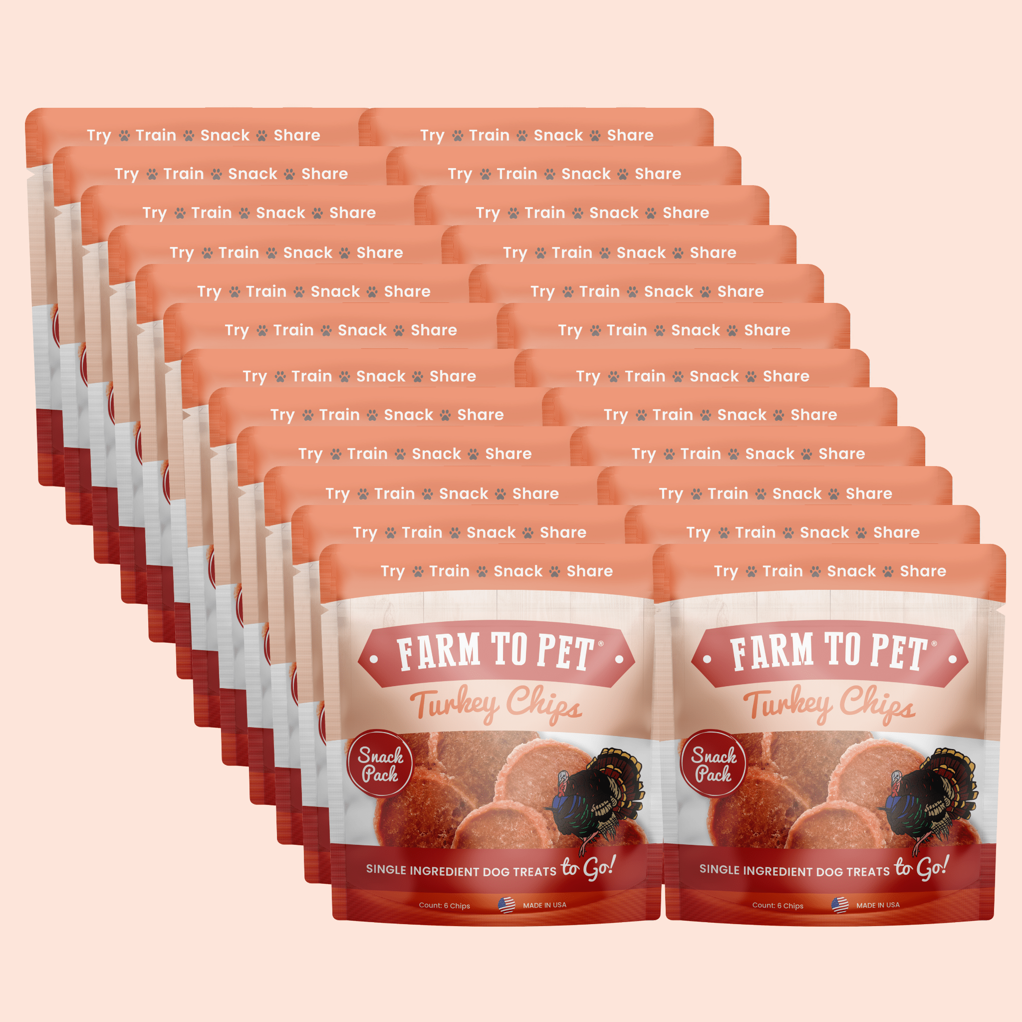 Multiple packages of Farm to Pet Turkey Chips on a beige background.