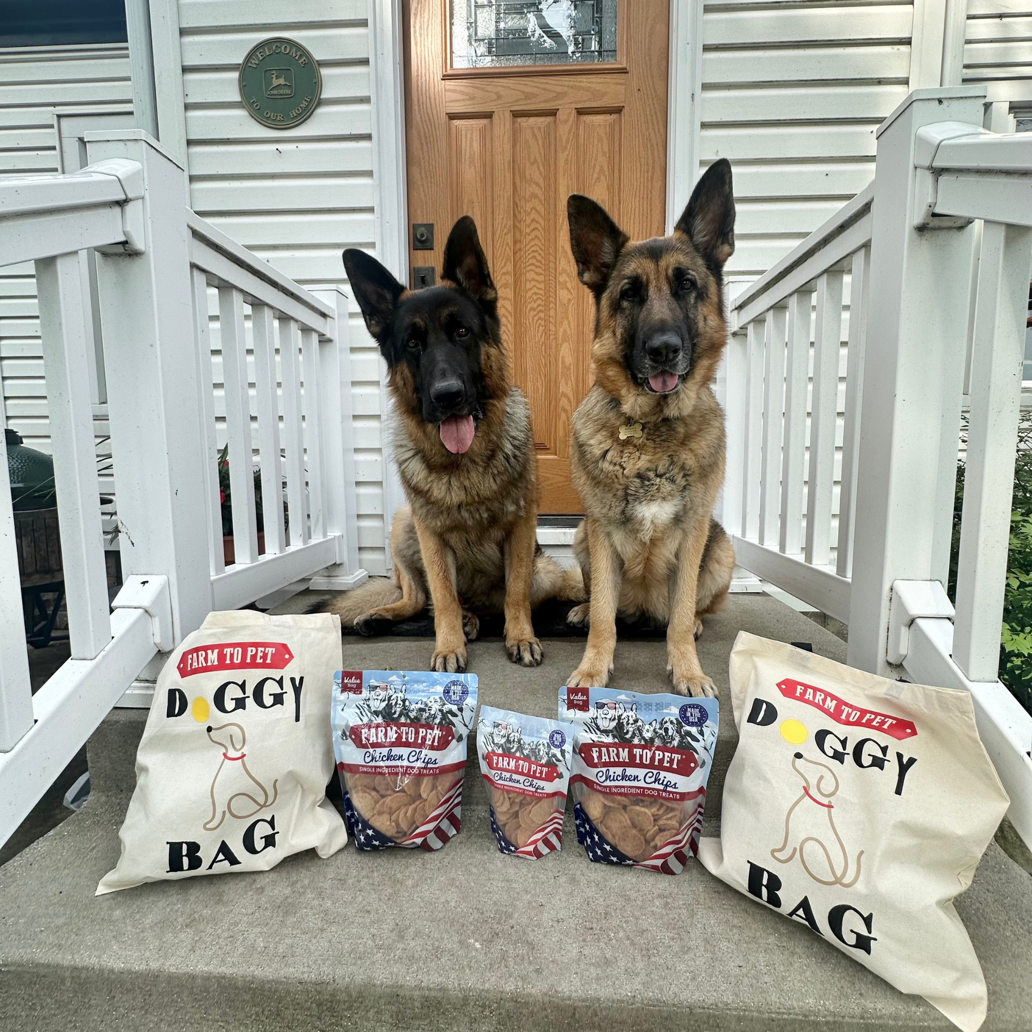 Two German Shepherd dogs sitting on a porch with two Farm to Pet Doggy Tote Bags with Chicken Chips in front of them.